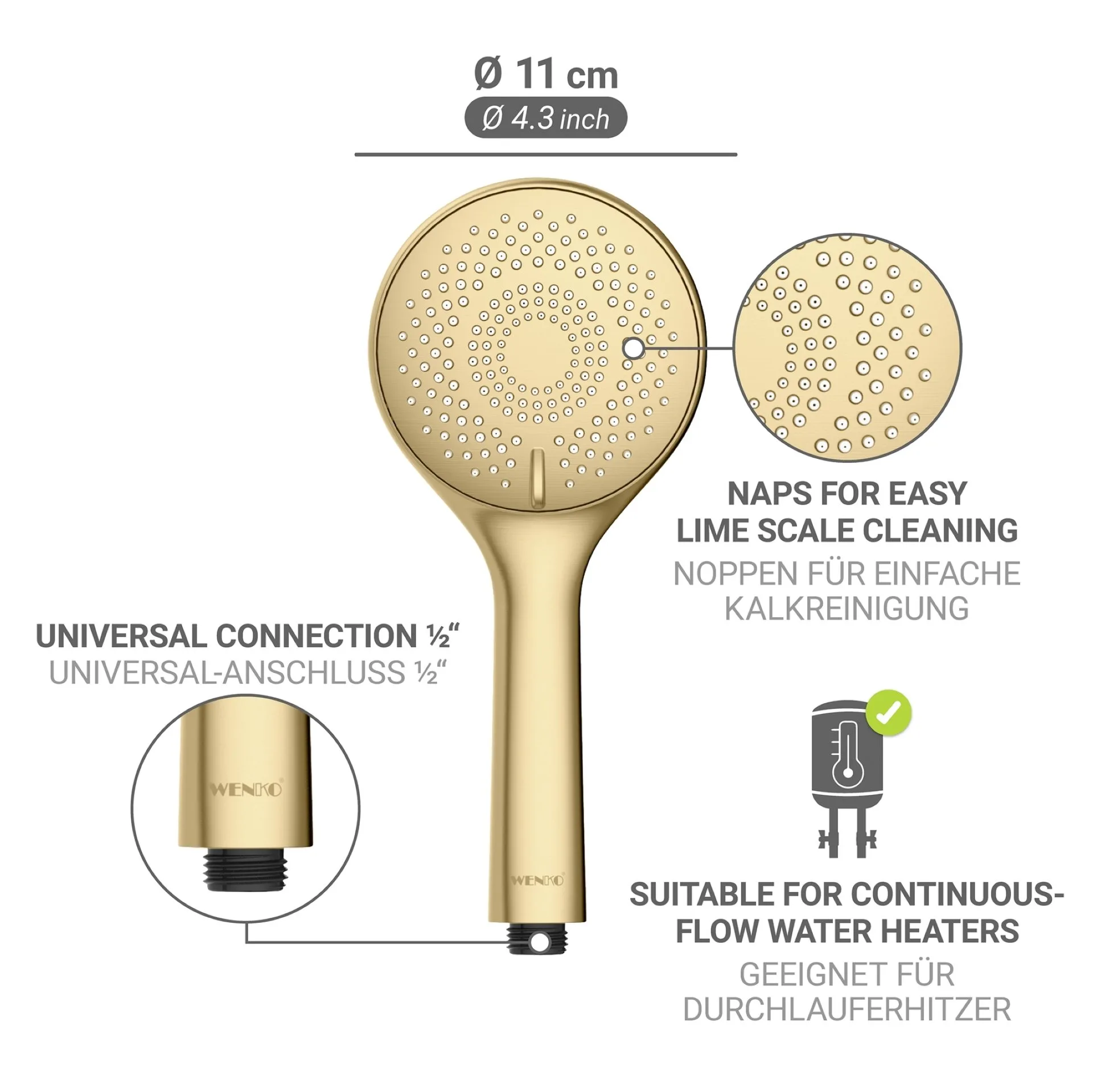 WENKO Duschkopf Ø 11 cm, Gold, mit Wassersparsystem, 3 verschiedene Wasserstrahlarten