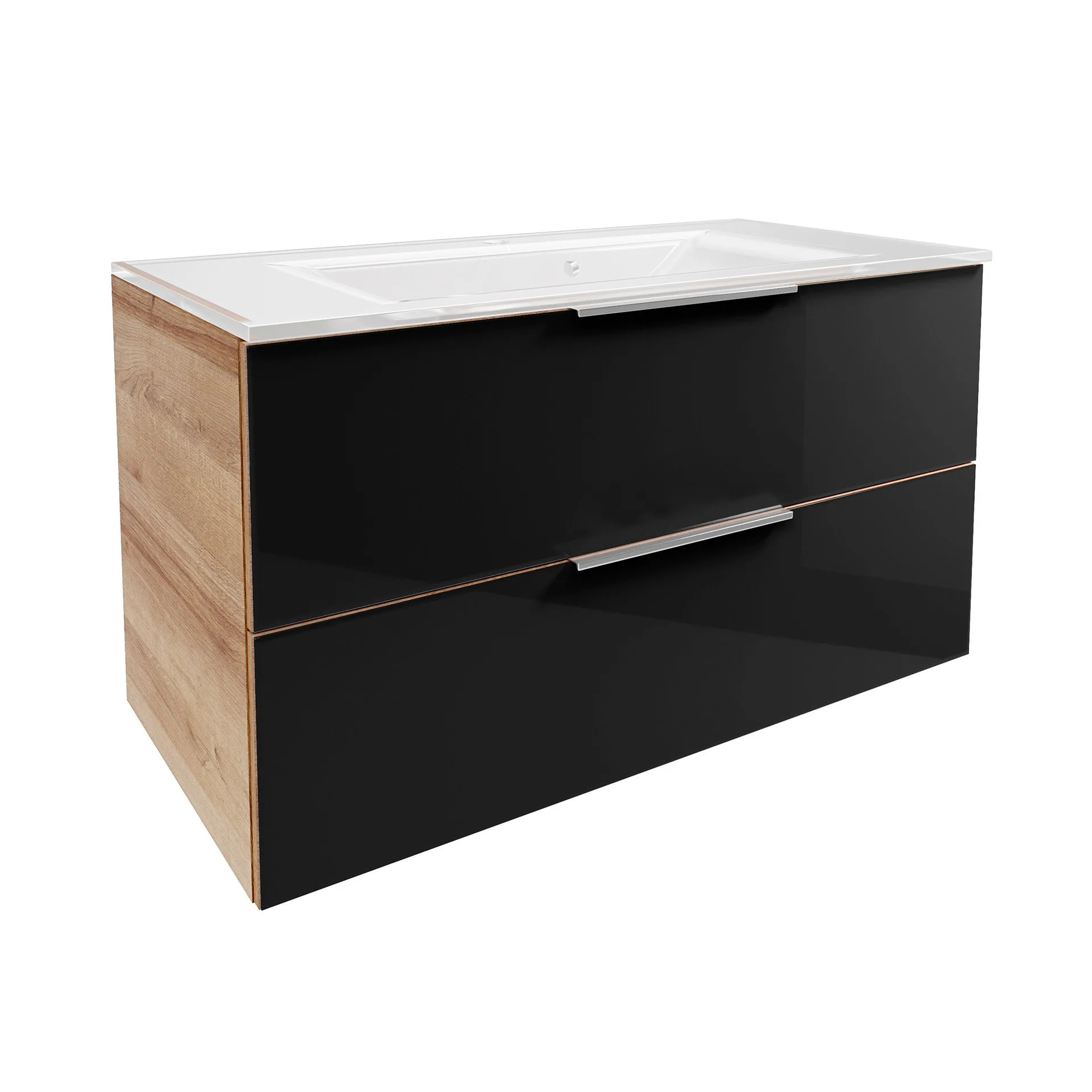 FACKELMANN B.BRILLANT Waschbecken mit Unterschrank 100 cm breit, Anthrazit Glas/Braun hell, Waschbecken Glas Weiß