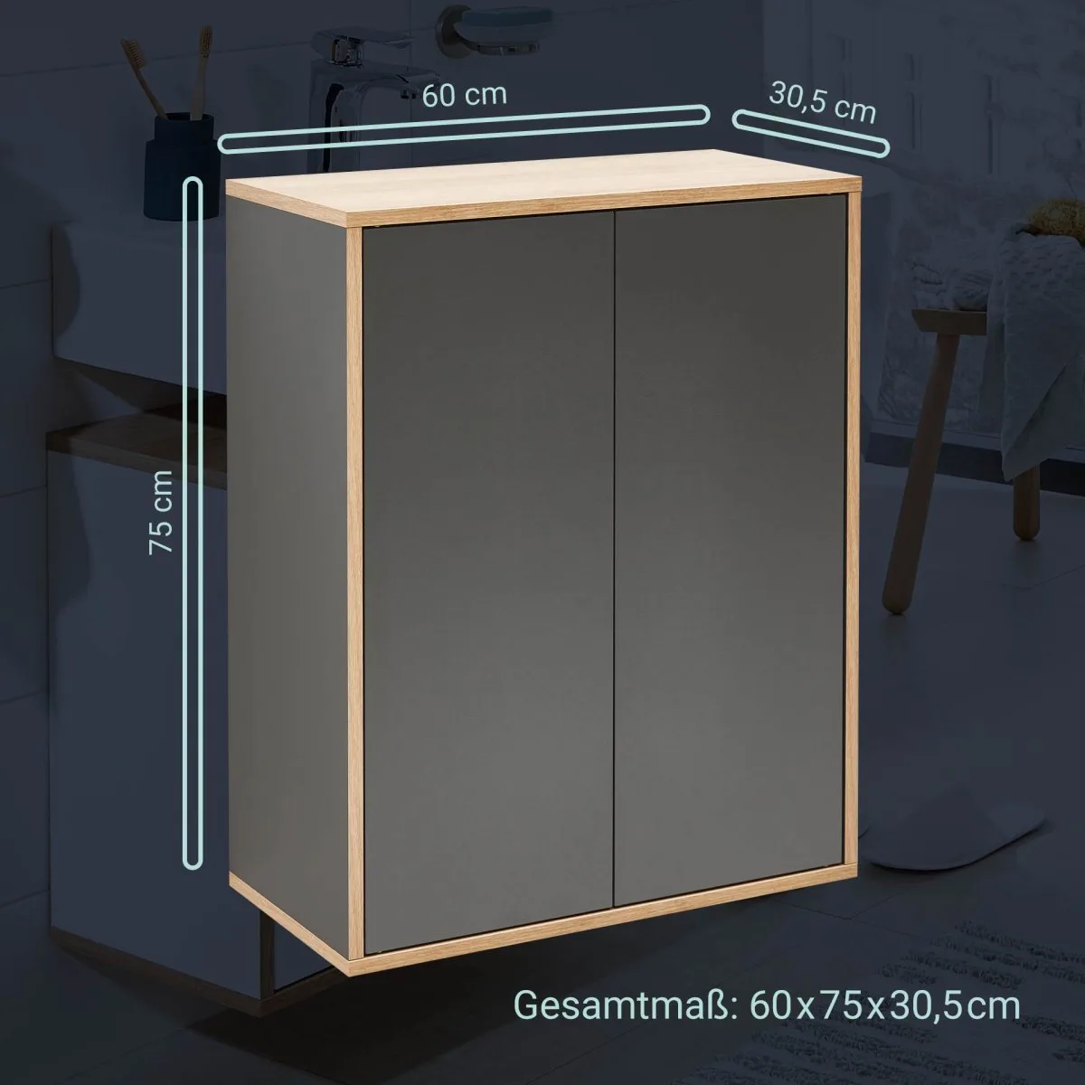 FACKELMANN FINN Doppel Midischrank 60 cm breit, Anthrazit/Braun hell