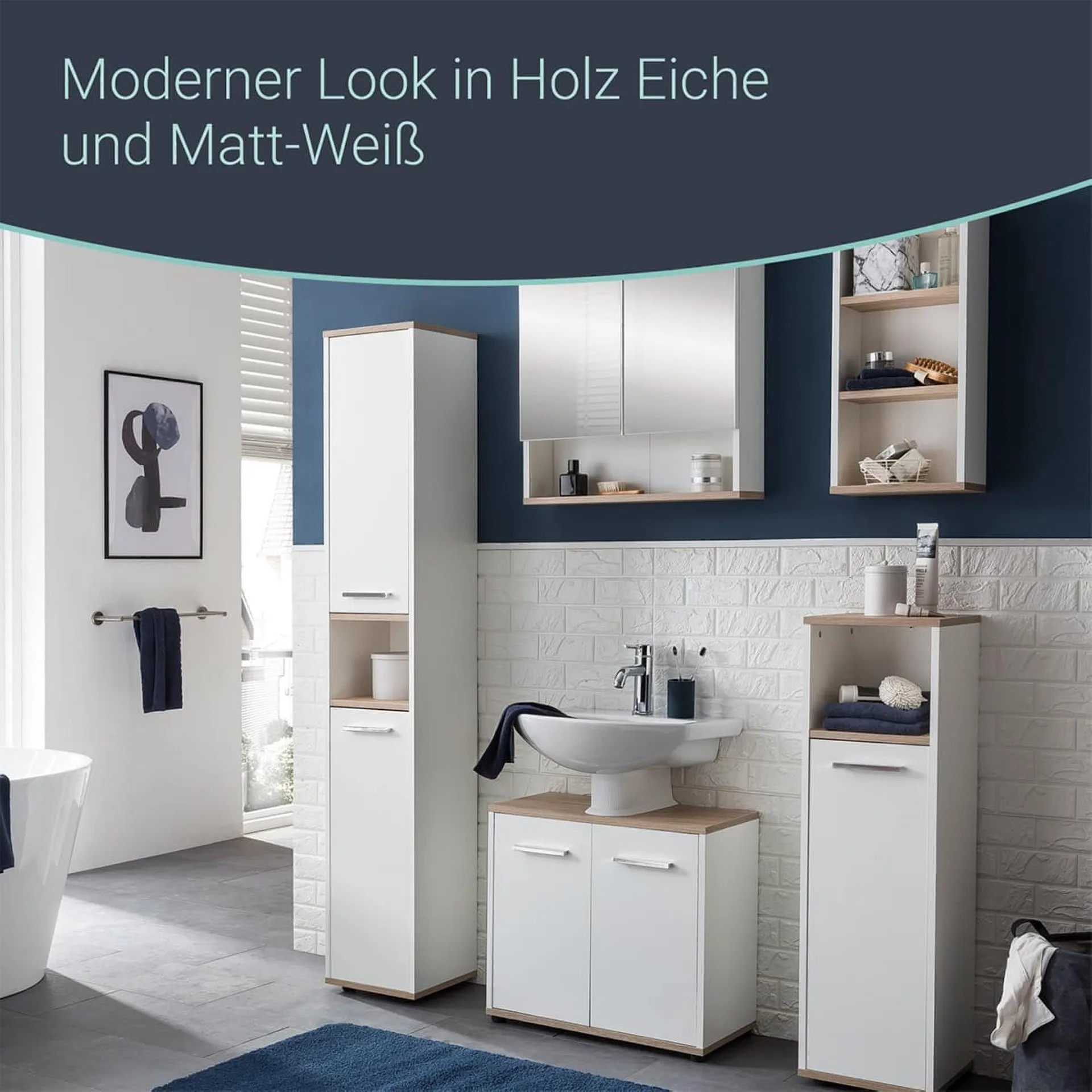 BADEDU ARC Spiegelschrank 60 cm breit, Weiß/Braun hell