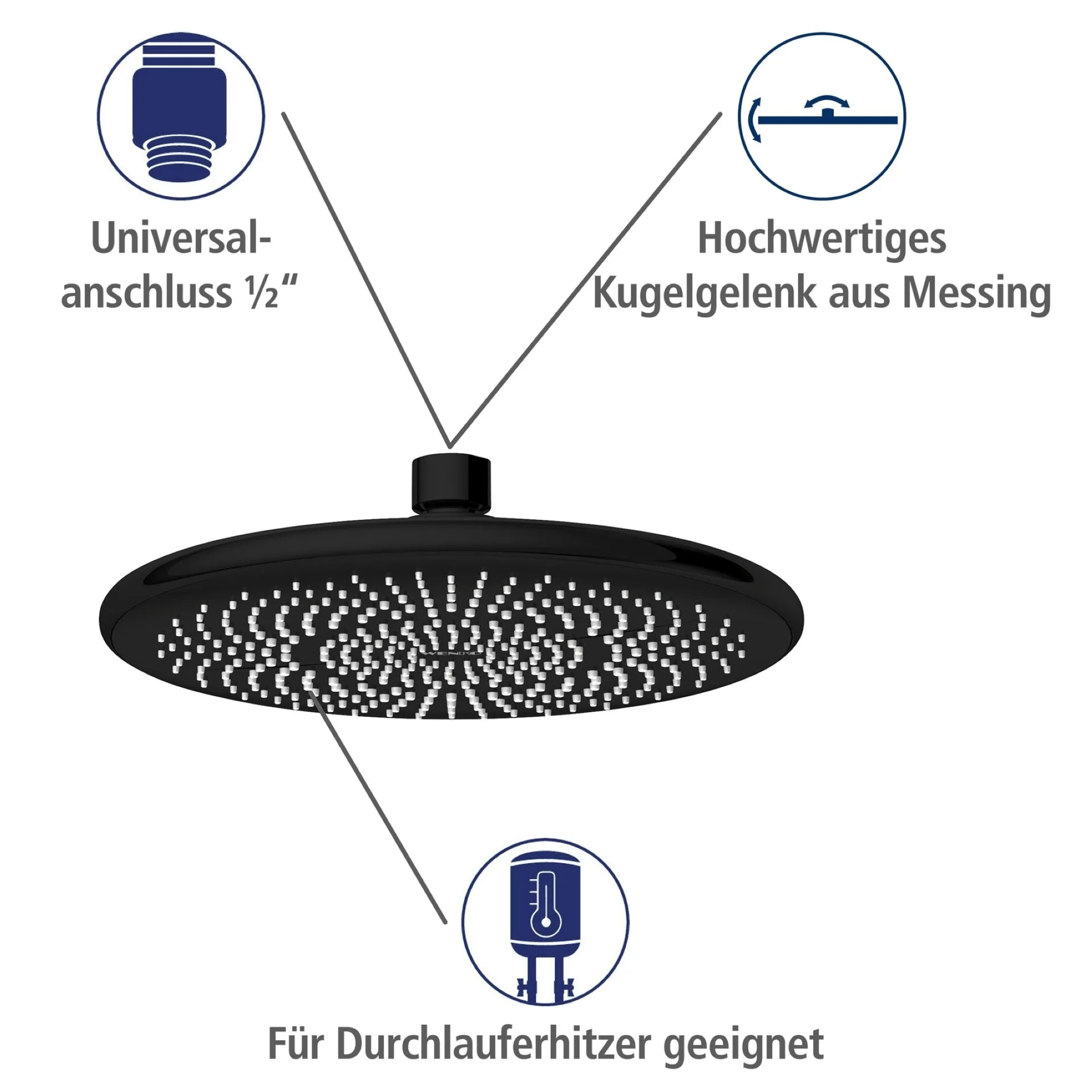 WENKO Duschkopf Regendusche Ø 22,5 cm, Schwarz, mit Wassersparsystem, 3 verschiedene Wasserstrahlarten