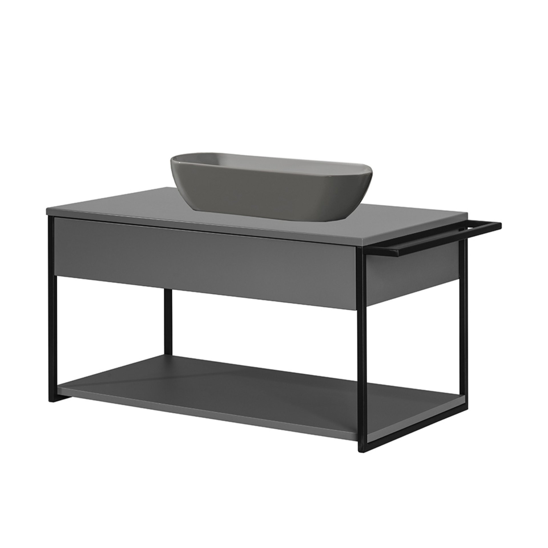 FACKELMANN NEW YORK Waschbecken mit Unterschrank 88 cm breit, Grau, Aufsatzwaschbecken Keramik Grau + Handtuchhalter