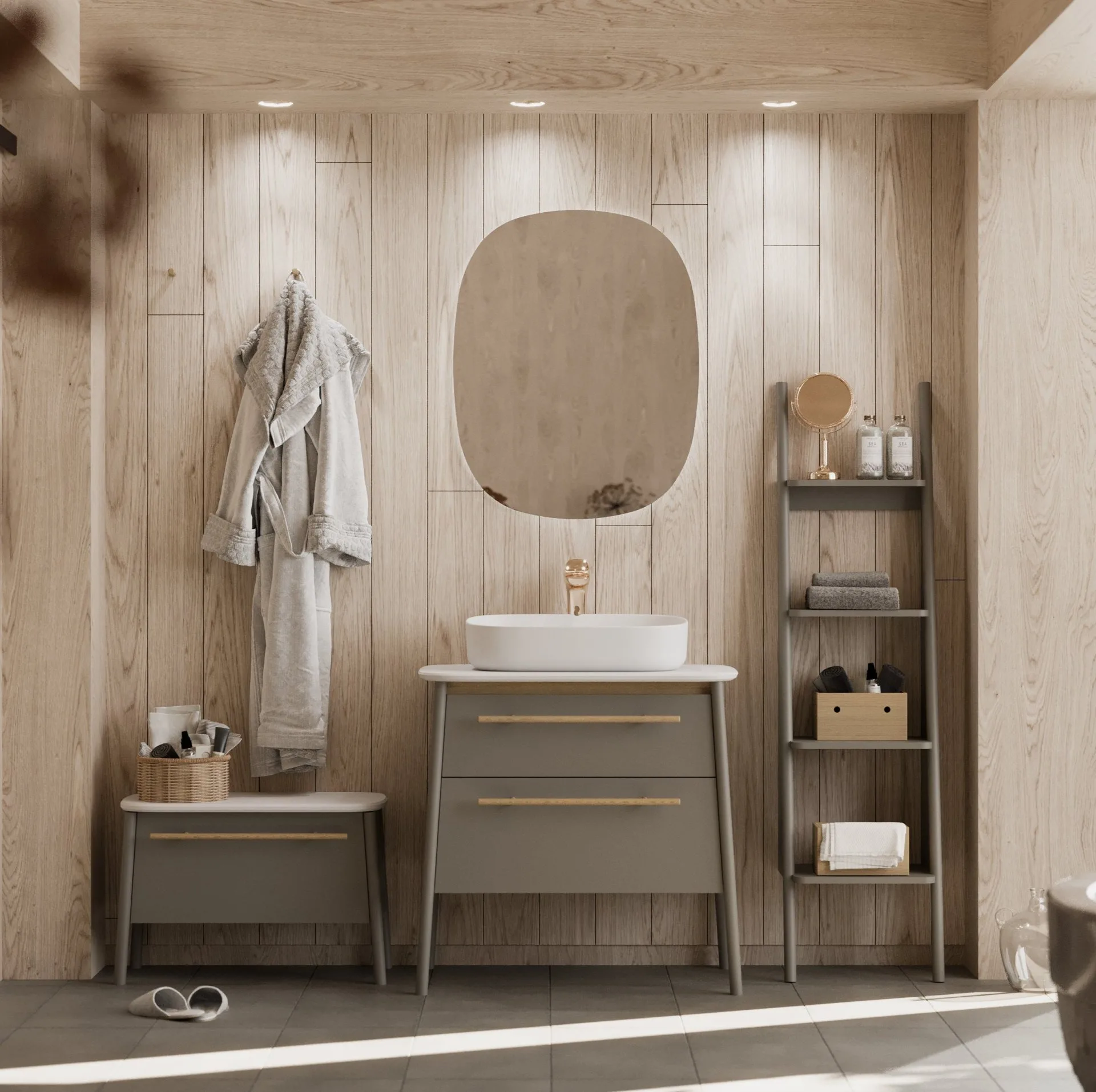 BADEDU TANA Waschbecken mit Unterschrank 80 cm breit, Grau matt, Waschbecken Gussmarmor Weiß, mit Füßen