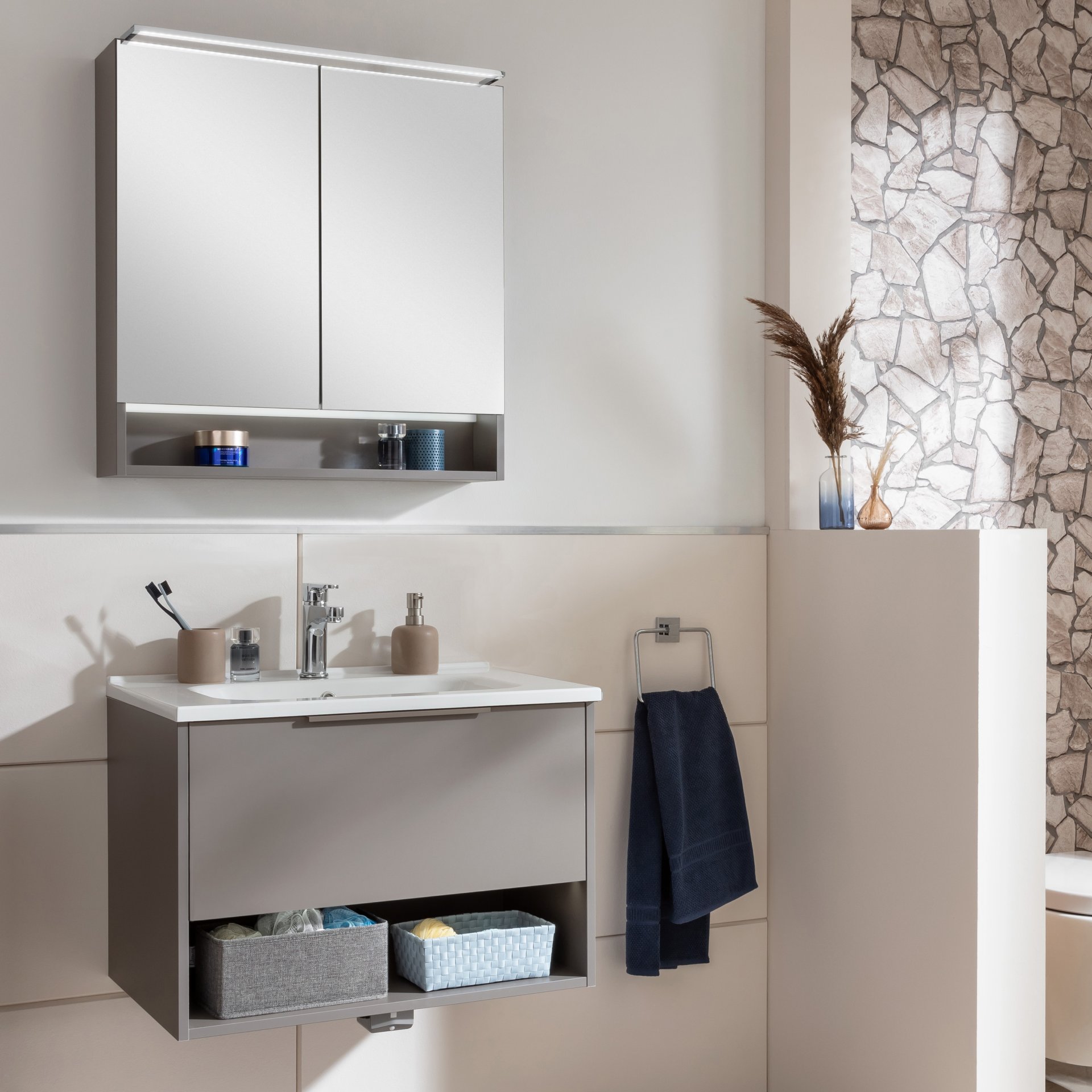 FACKELMANN B.PARIS Waschtisch Set mit Spiegelschrank 70 cm breit, Grau, Waschbecken Gussmarmor Weiß