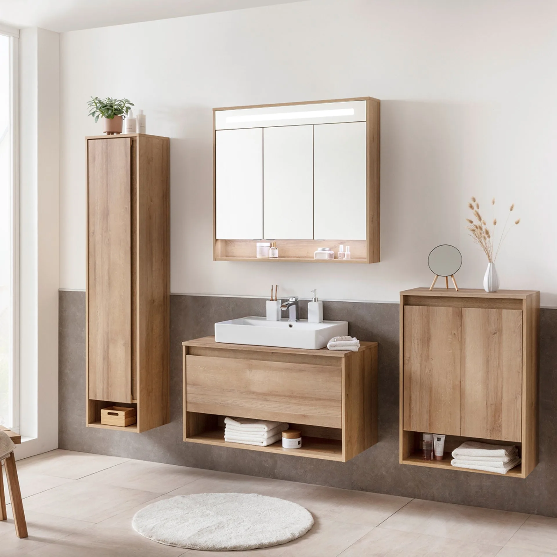 Fackelmann NATURA Badmöbel Set 5-teilig, 94 cm, Braun hell+Spiegelschrank+Midischrank+Hochschrank links