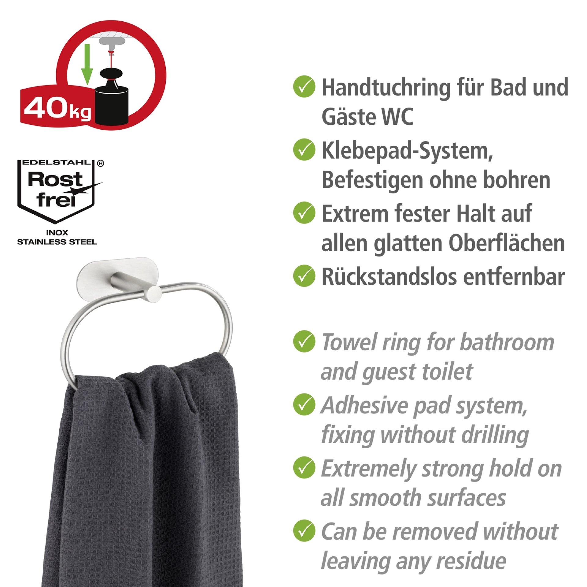 WENKO OREA Handtuchhalter, Chrom matt, Edelstahl rostfrei, Befestigen ohne Bohren