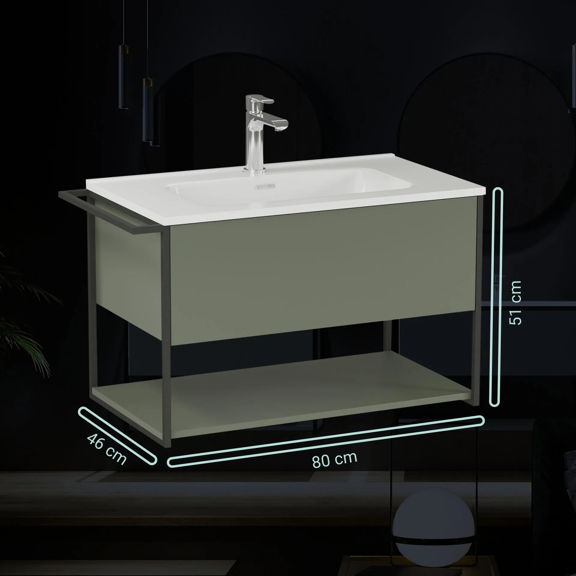 BADEDU DUNA Waschbecken mit Unterschrank 80 cm breit, Grün, Waschbecken Keramik Weiß