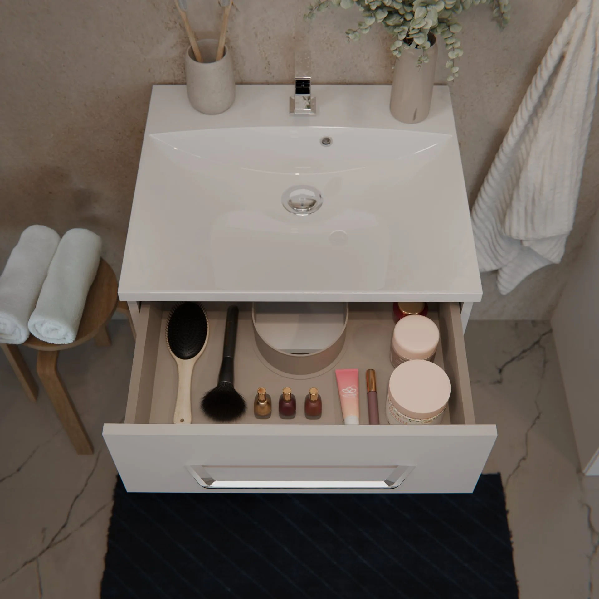 FACKELMANN B.CLEVER Waschtisch Set mit Spiegelschrank 60 cm breit, Weiß, Waschbecken Gussmarmor Weiß