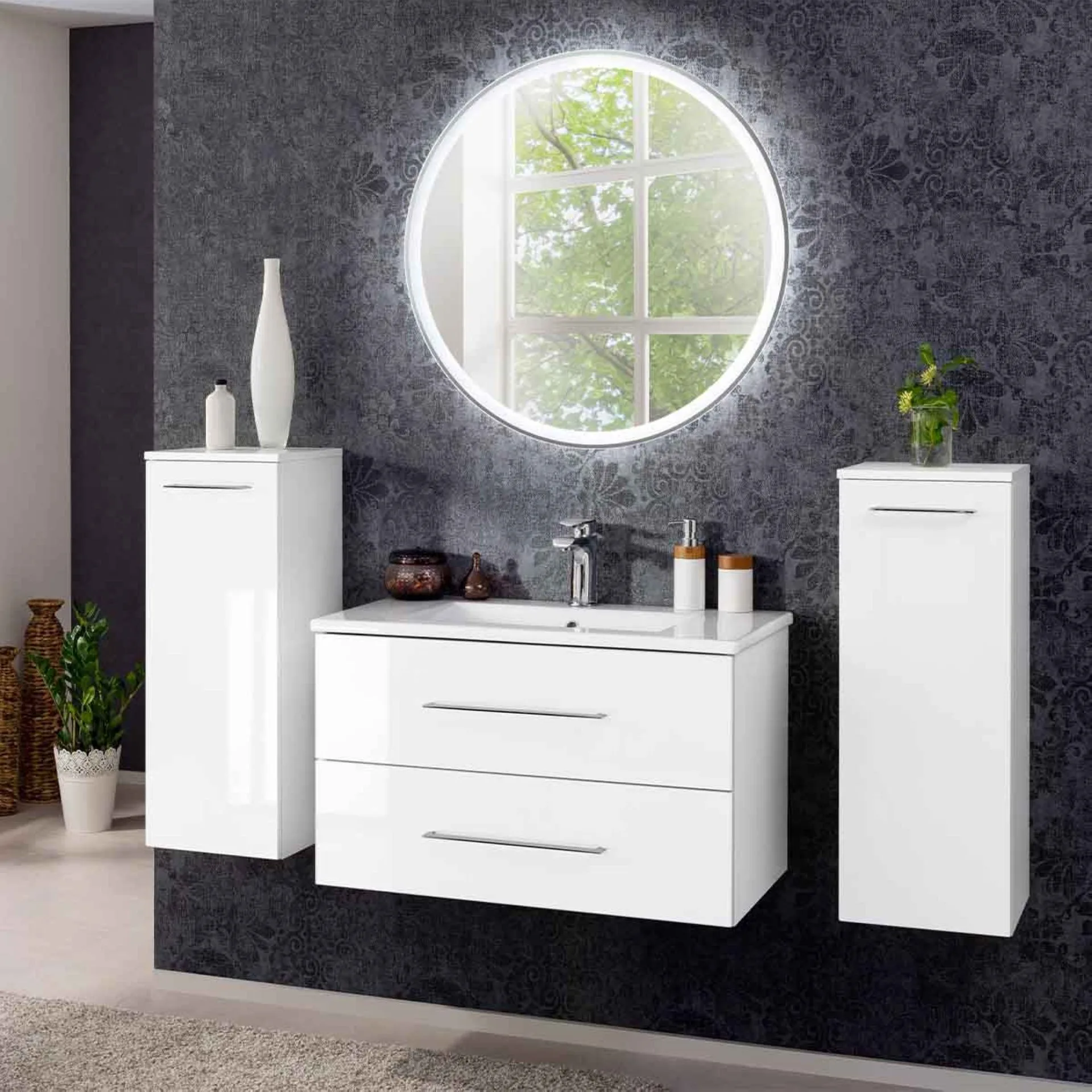 FACKELMANN B.PERFEKT Waschbecken mit Unterschrank 82 cm breit, Weiß, Waschbecken Keramik Weiß