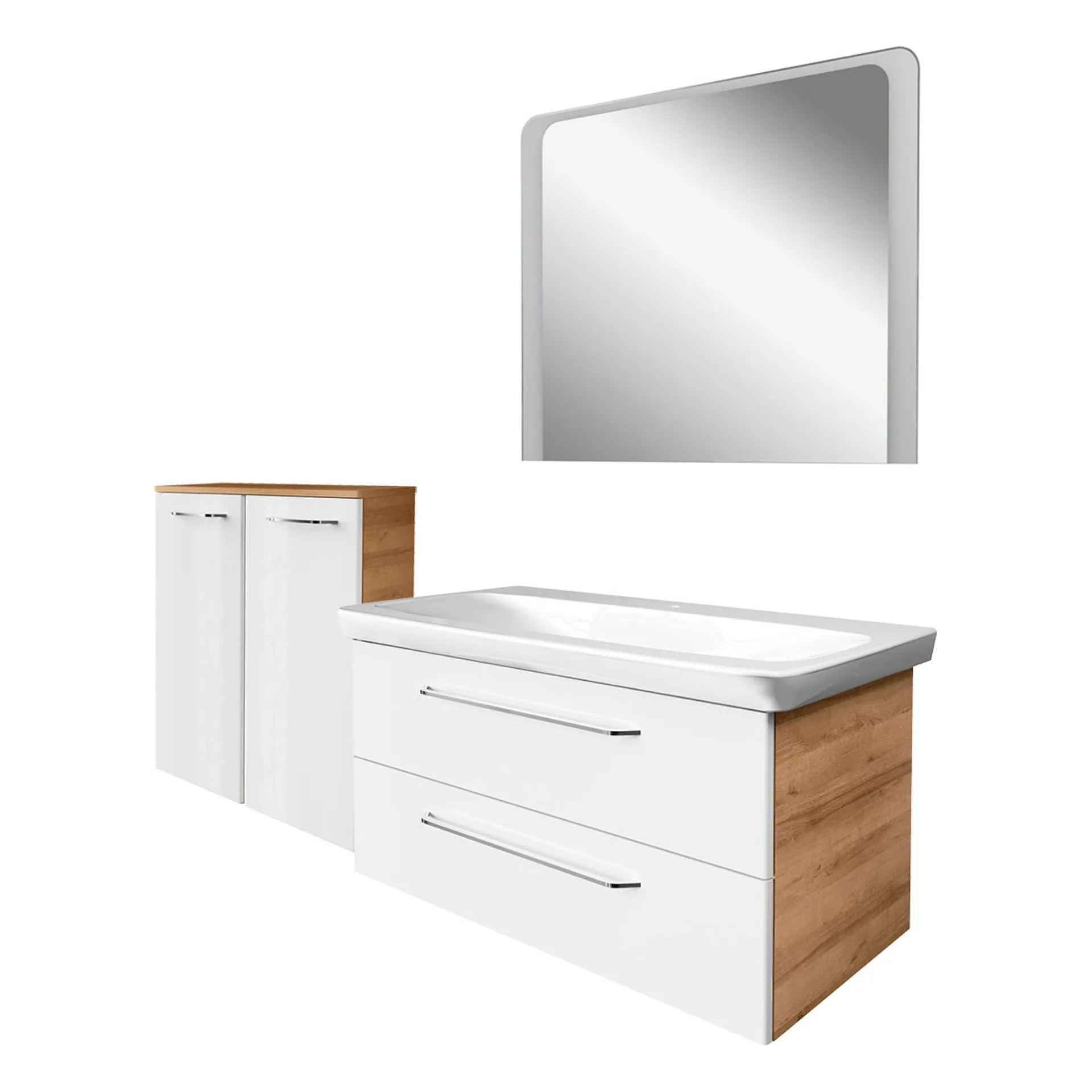 FACKELMANN MILANO Badmöbel Set 4-teilig 107 cm breit, Weiß/Braun hell, Waschbecken Keramik Weiß + LED Spiegel + Doppel Midischrank