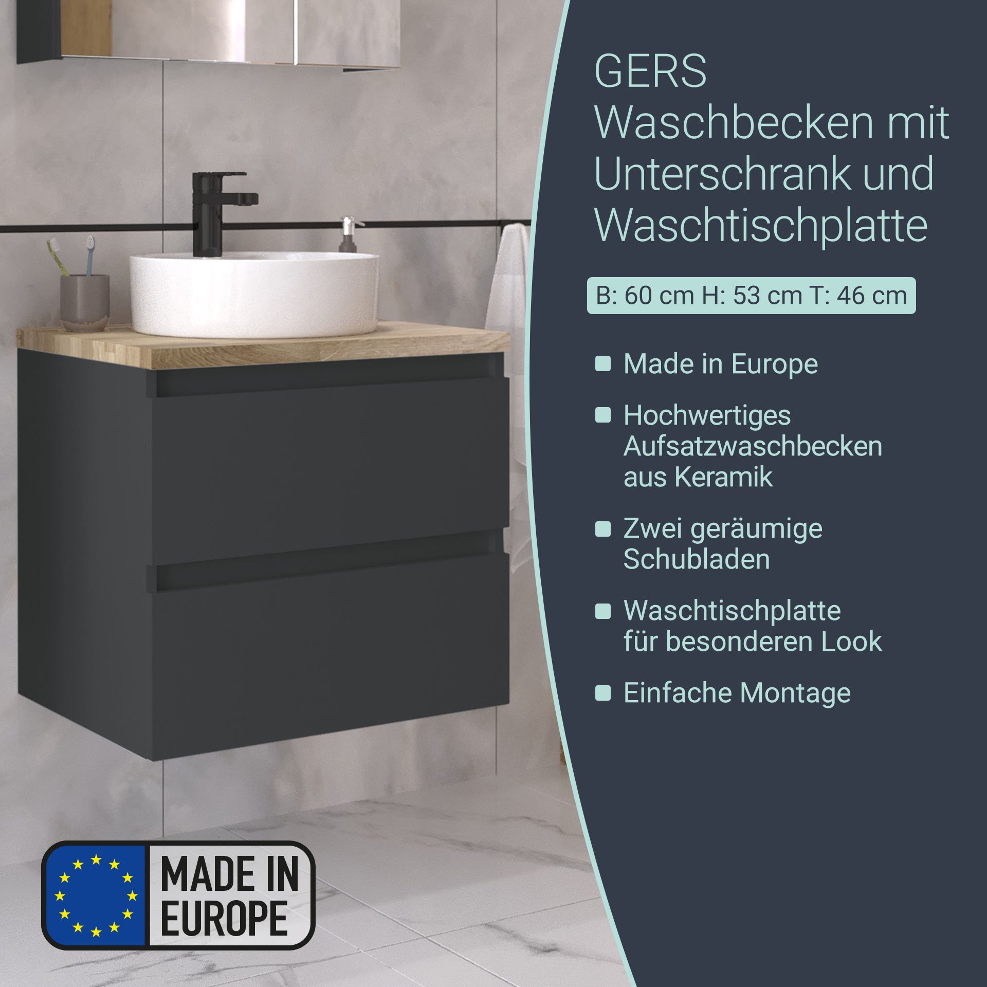 BADEDU GERS Waschbecken mit Unterschrank 60 cm breit, Grau, Aufsatzwaschbecken Keramik Weiß Waschtischplatte Braun hell