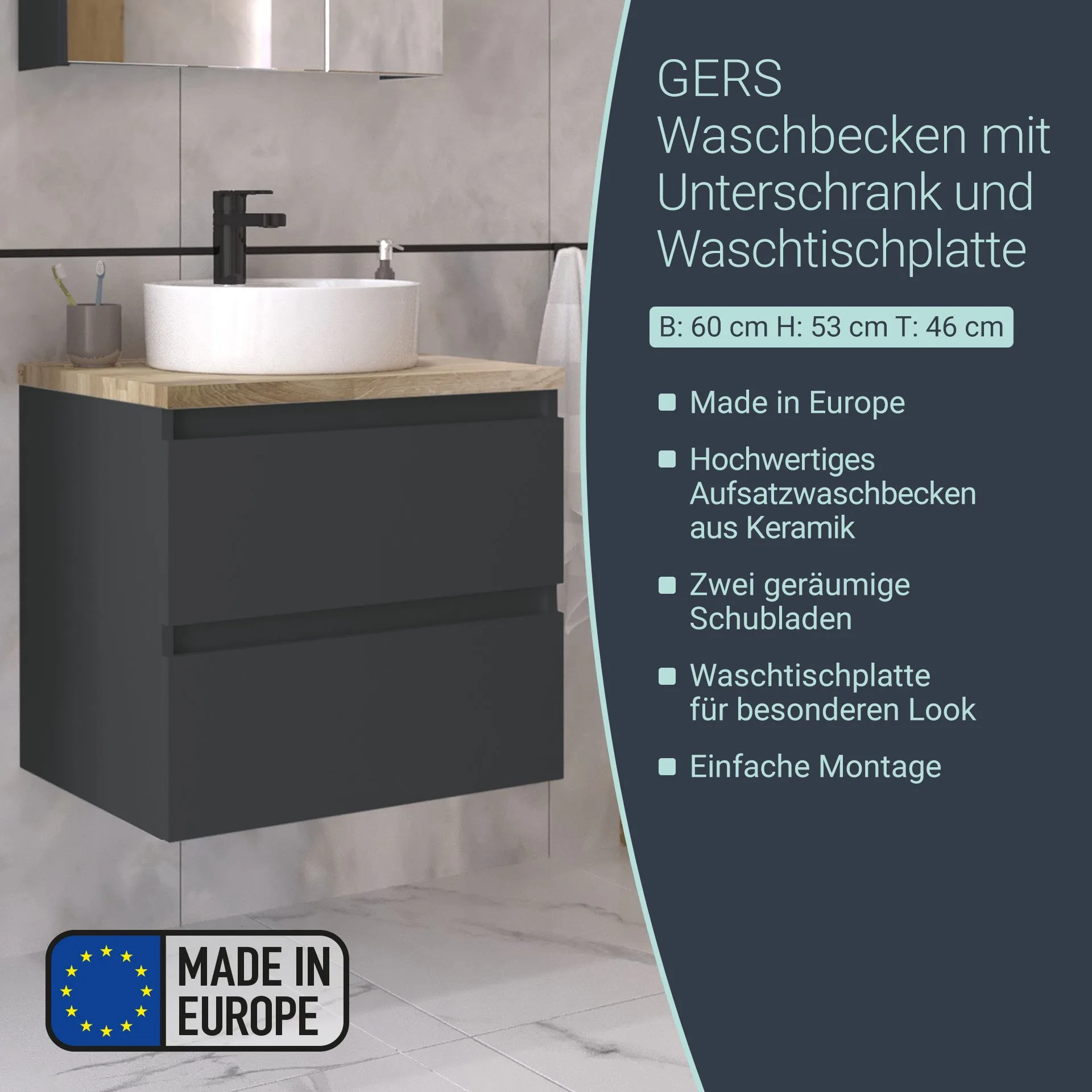 BADEDU GERS Waschbecken mit Unterschrank 60 cm breit, Grau, Aufsatzwaschbecken Keramik Weiß Waschtischplatte Braun hell