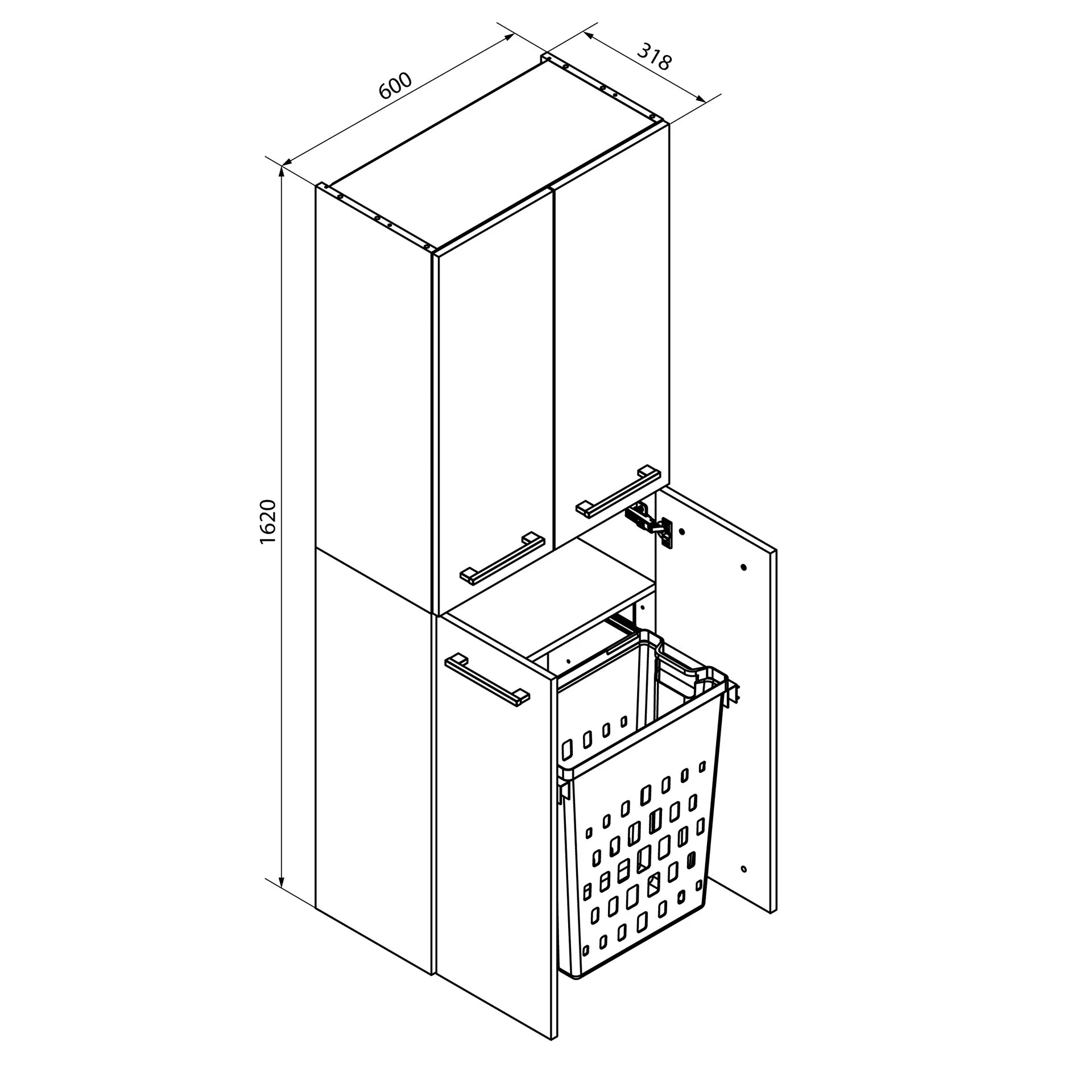 FACKELMANN B.ROUND Doppel Hochschrank 60 cm breit, Anthrazit, mit Wäschekorb