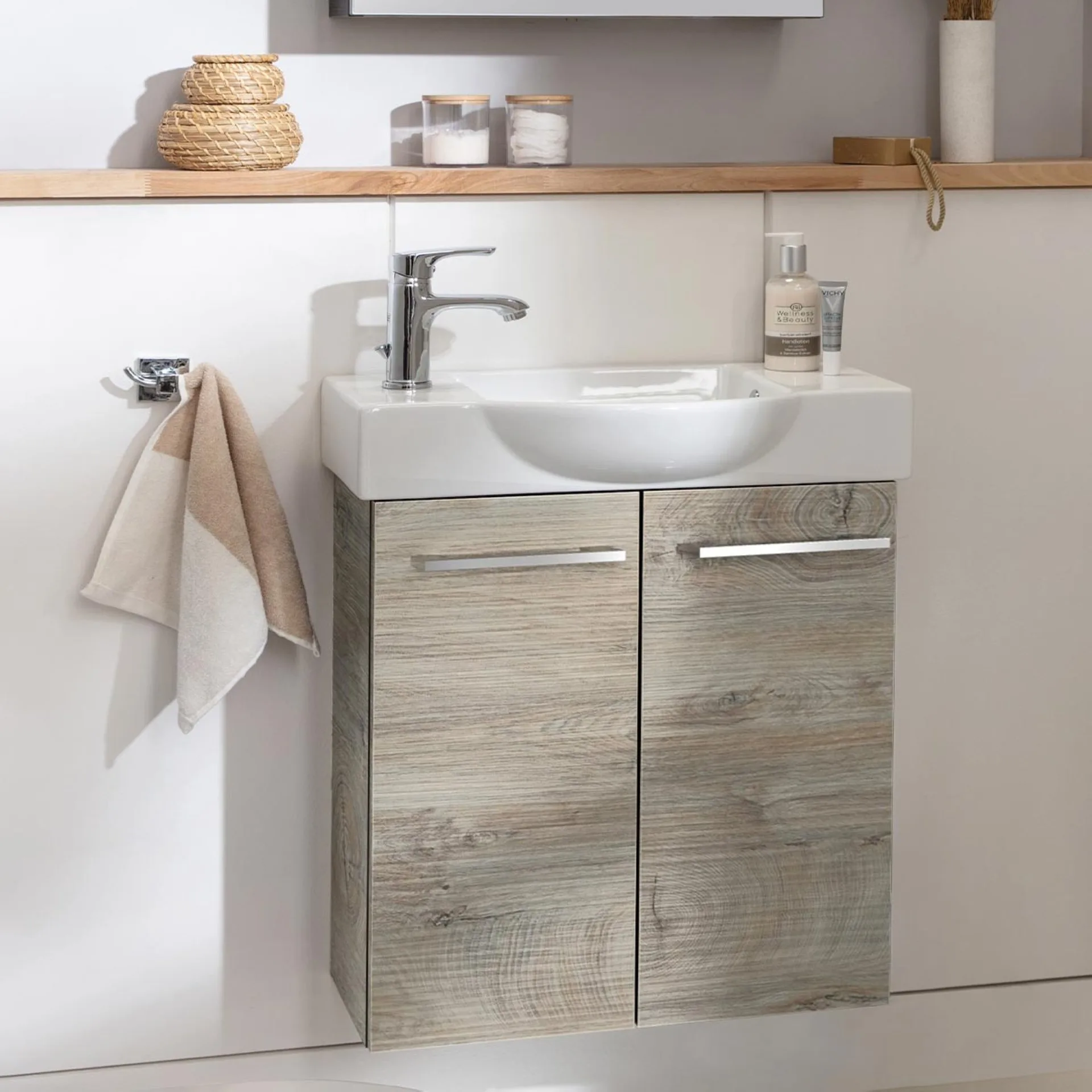 FACKELMANN SBC STANFORD Waschbeckenunterschrank Gäste WC 55 cm breit, Braun hell, 2 Türen