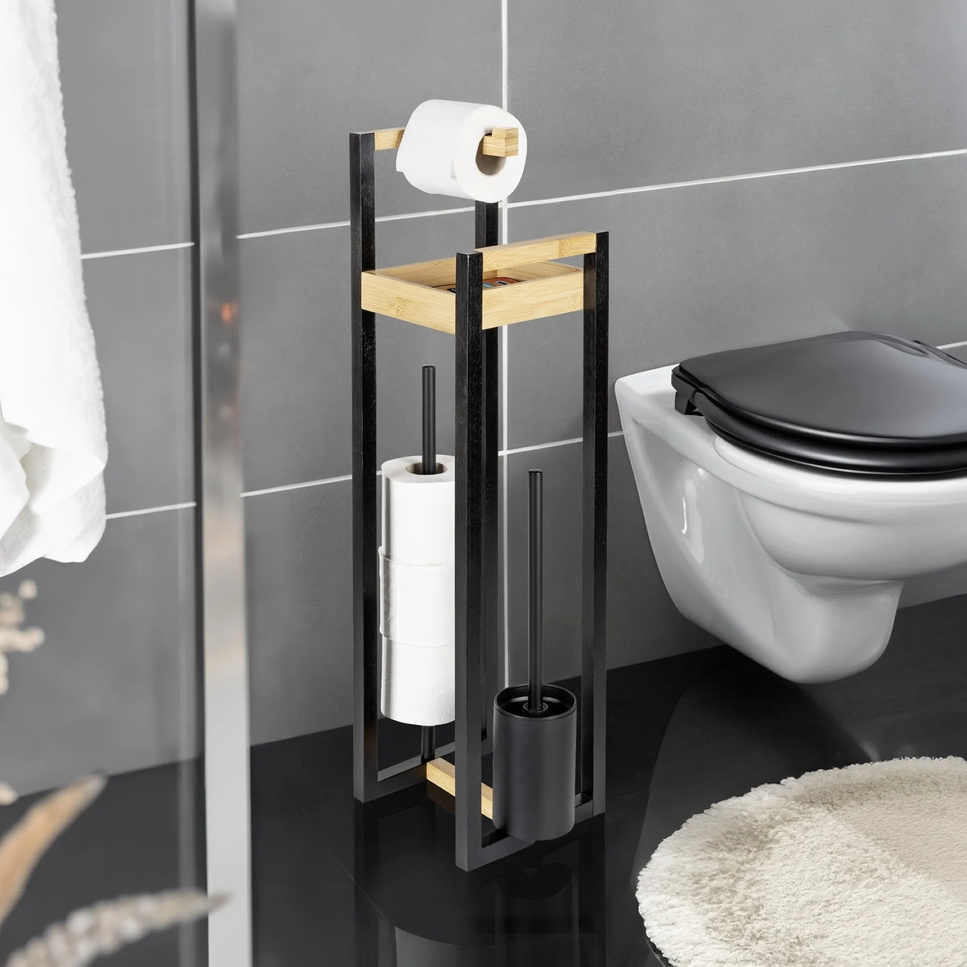 WENKO BRAIDI WC-Garnitur, Schwarz/Braun, Bambus, mit Toilettenpapierhalter und Ablage, stehend