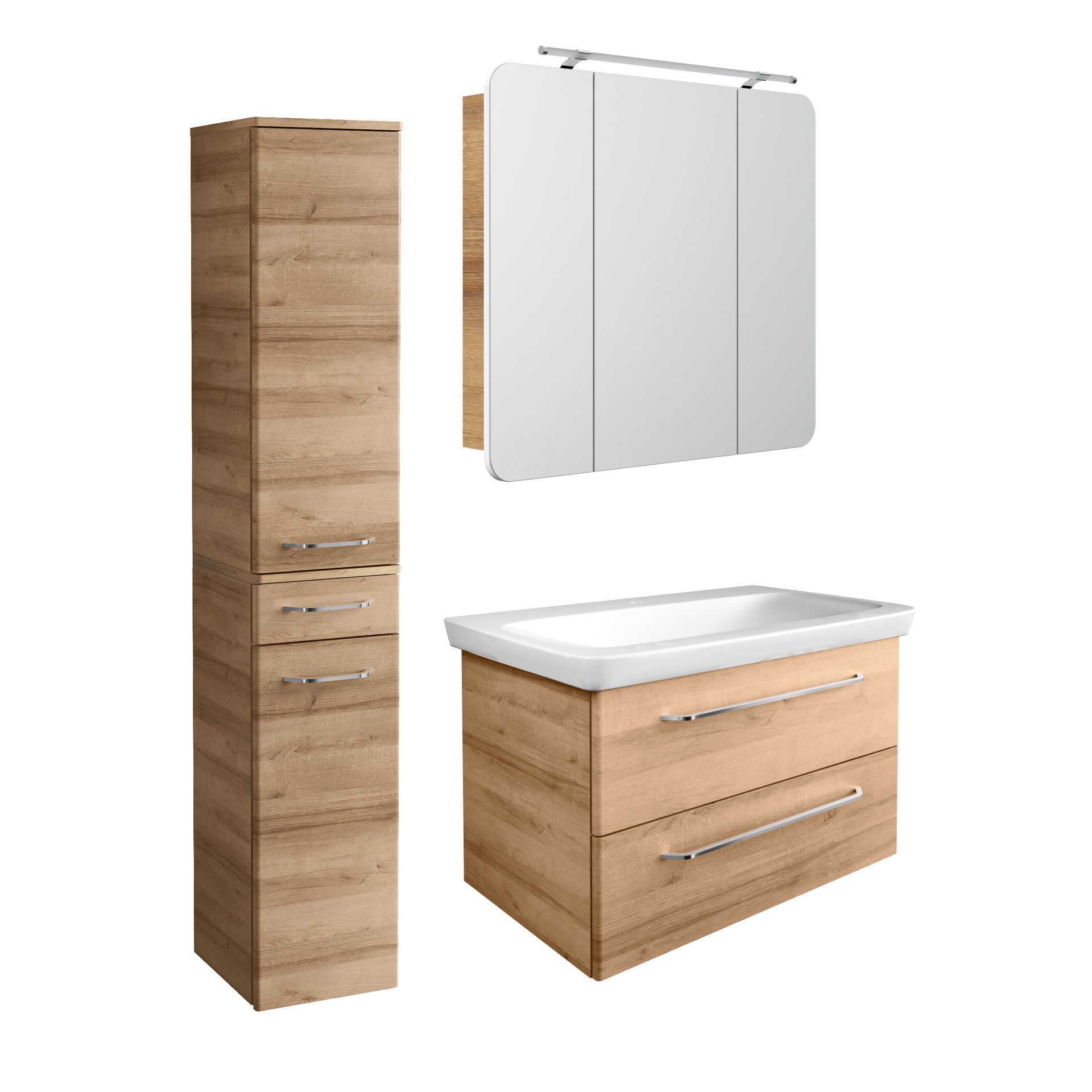 FACKELMANN MILANO Badmöbel Set 4-teilig 88 cm breit, Braun hell, Waschbecken Keramik Weiß + LED Spiegelschrank + Hochschrank