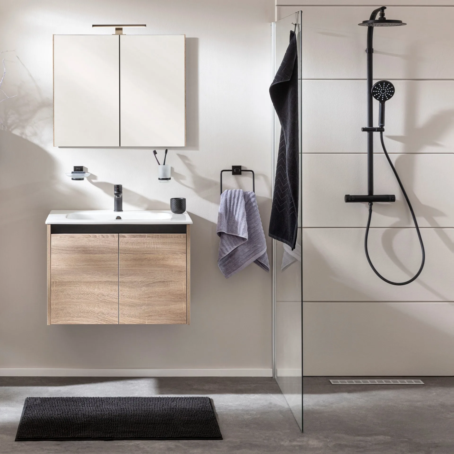 FACKELMANN COMPACT LINE Waschtisch Set mit Spiegelschrank 71 cm breit, Braun, Waschbecken Keramik Weiß, inklusive Aufsatzleuchte und Elektro-Box