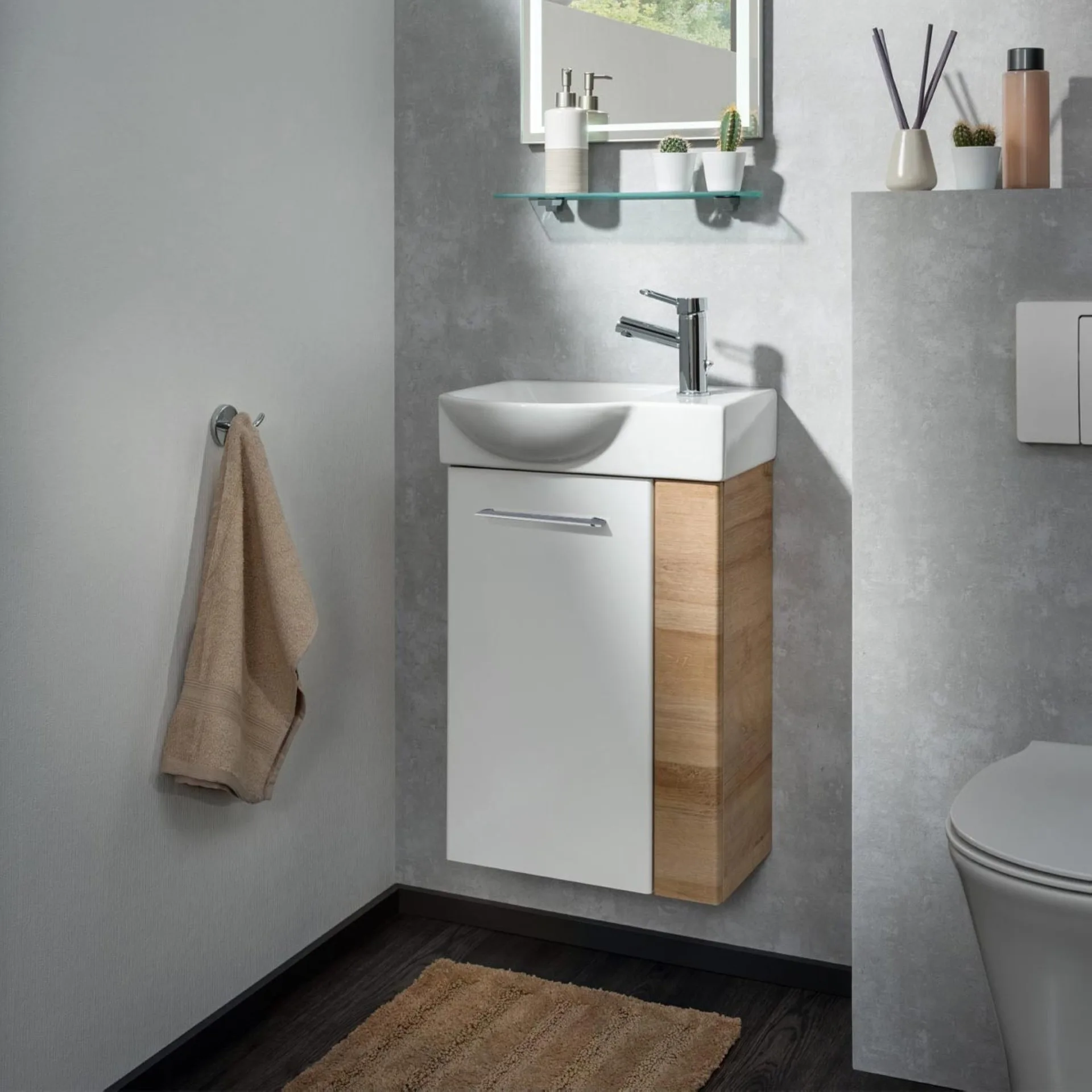 FACKELMANN SBC MILANO Gäste WC Waschtisch Set 45 cm breit, Weiß/Braun hell, Waschbecken Keramik Weiß, Türanschlag links
