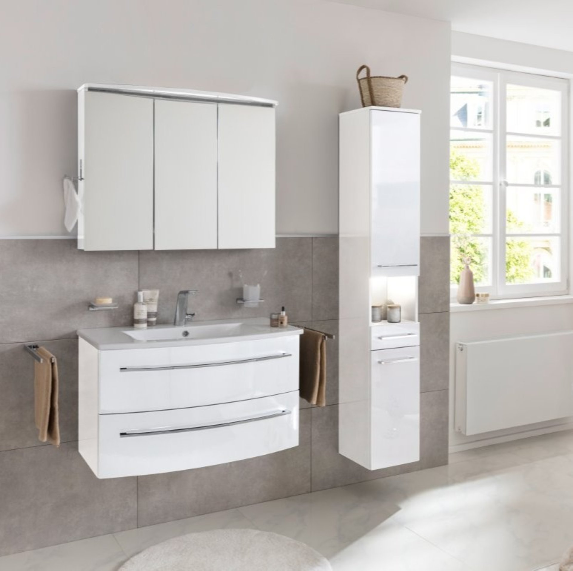 LANZET IMPULSO Waschtisch Set mit Spiegelschrank 90 cm breit, Weiß, Waschbecken Keramik Weiß