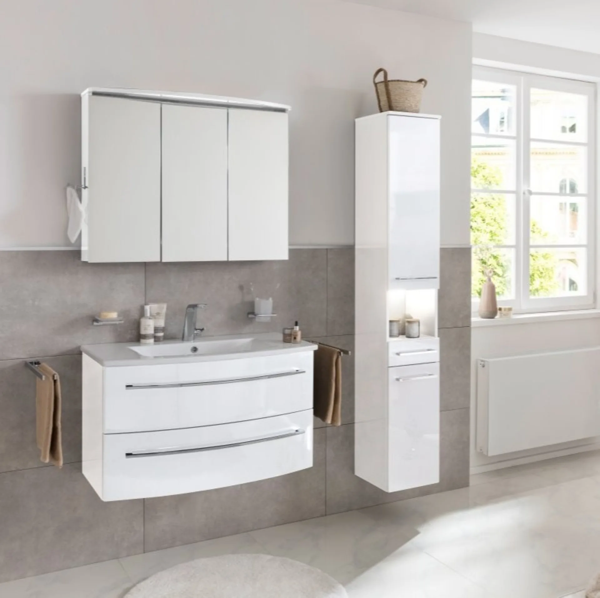 LANZET IMPULSO Waschtisch Set mit Spiegelschrank 90 cm breit, Weiß, Waschbecken Keramik Weiß
