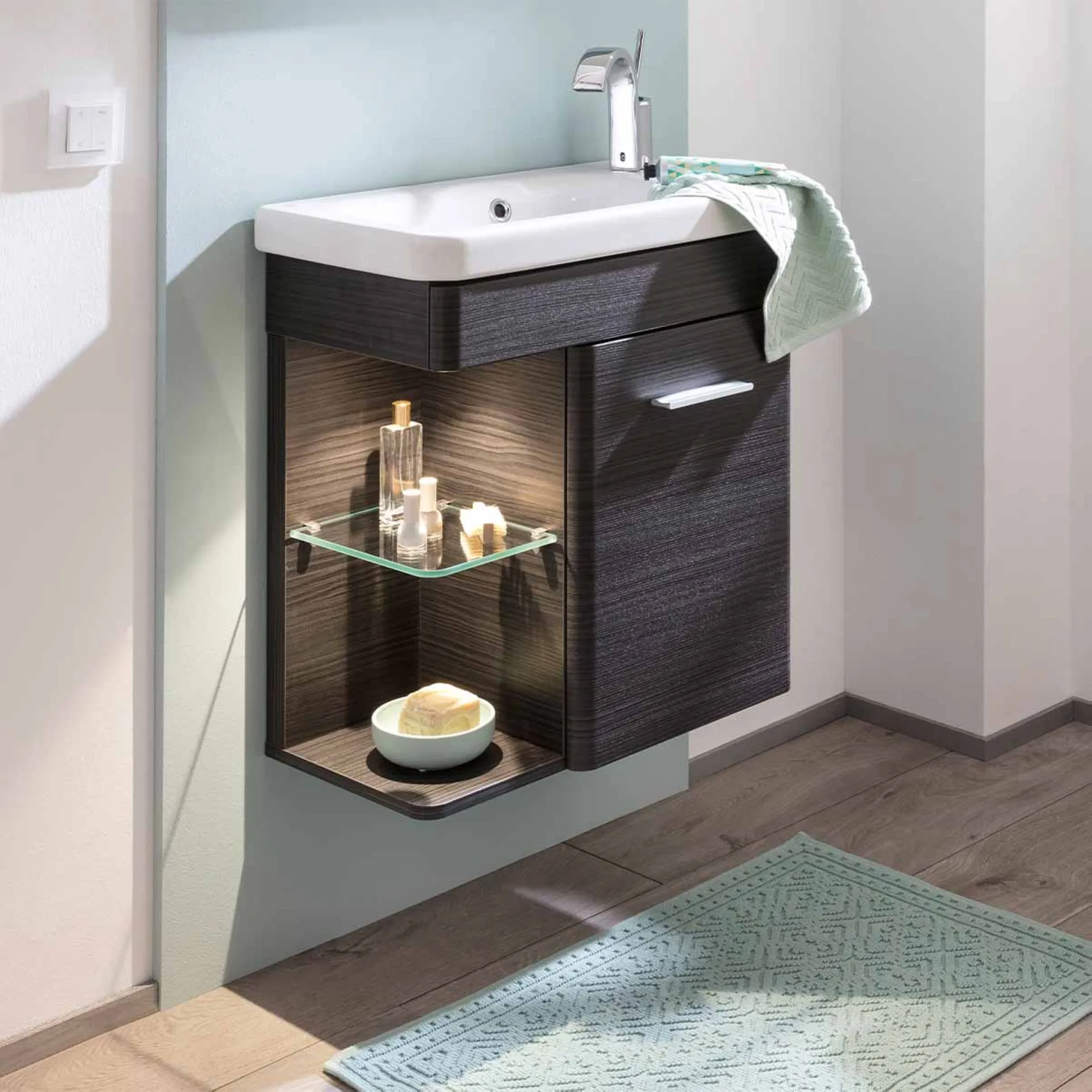 LANZET K8 Gäste WC Waschtisch Set 60 cm breit, Anthrazit Holzoptik, Waschbecken Keramik Weiß, Türanschlag rechts