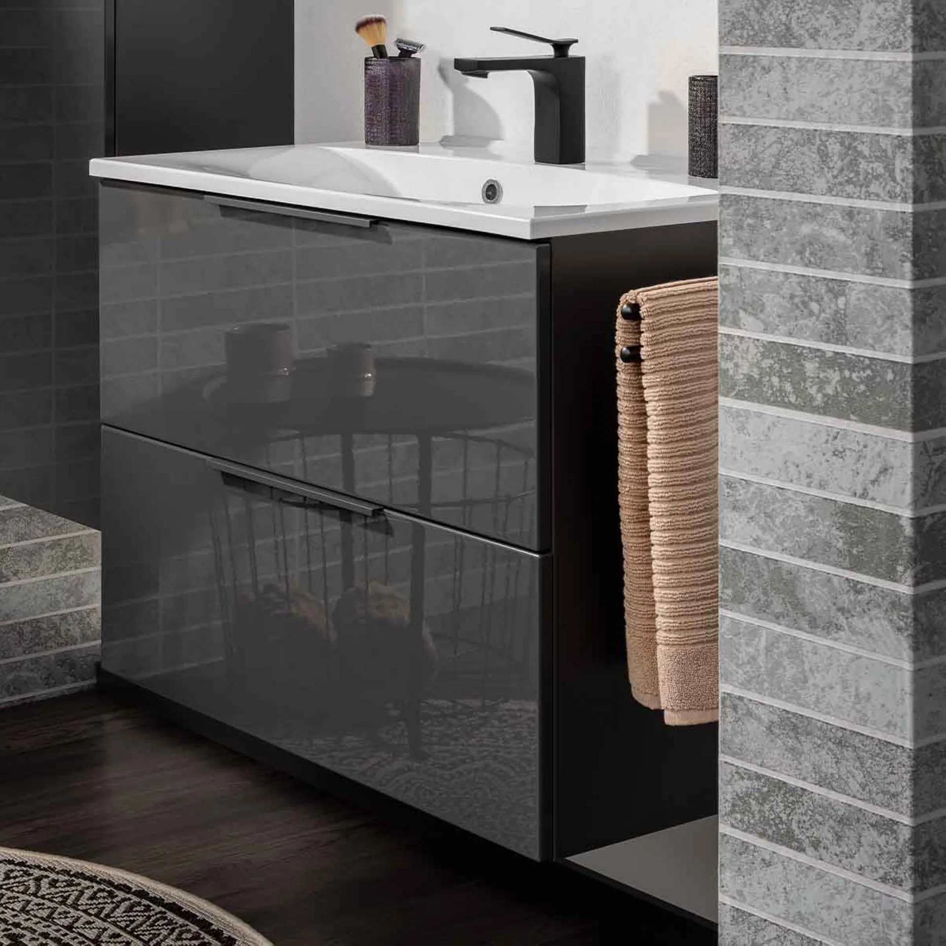FACKELMANN LUNA Waschbecken mit Unterschrank 80 cm breit, Anthrazit, Waschbecken Gussmarmor Weiß