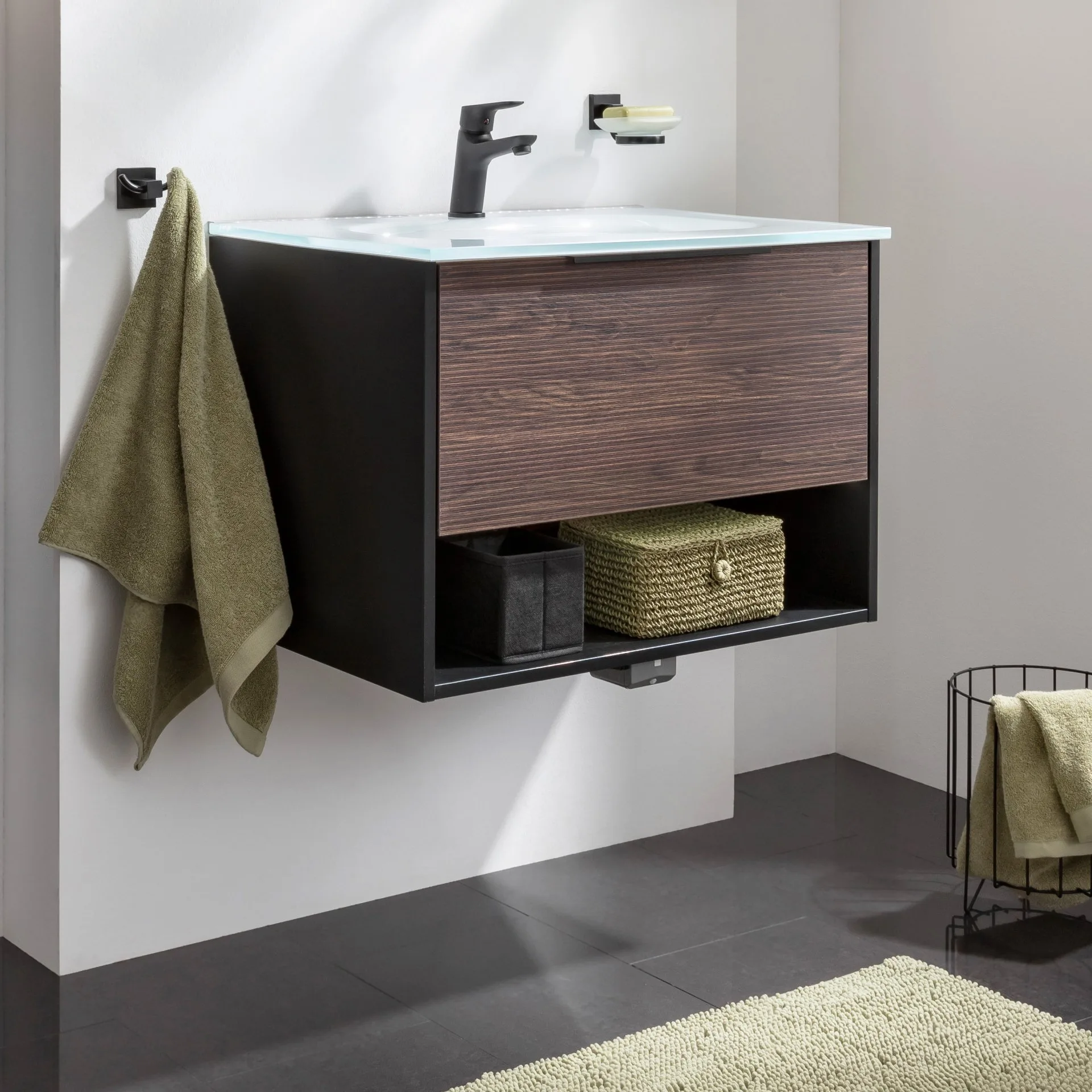 FACKELMANN B.PARIS Waschbecken mit Unterschrank 70 cm breit, Braun Dunkel/Schwarz, Waschbecken Glas Weiß