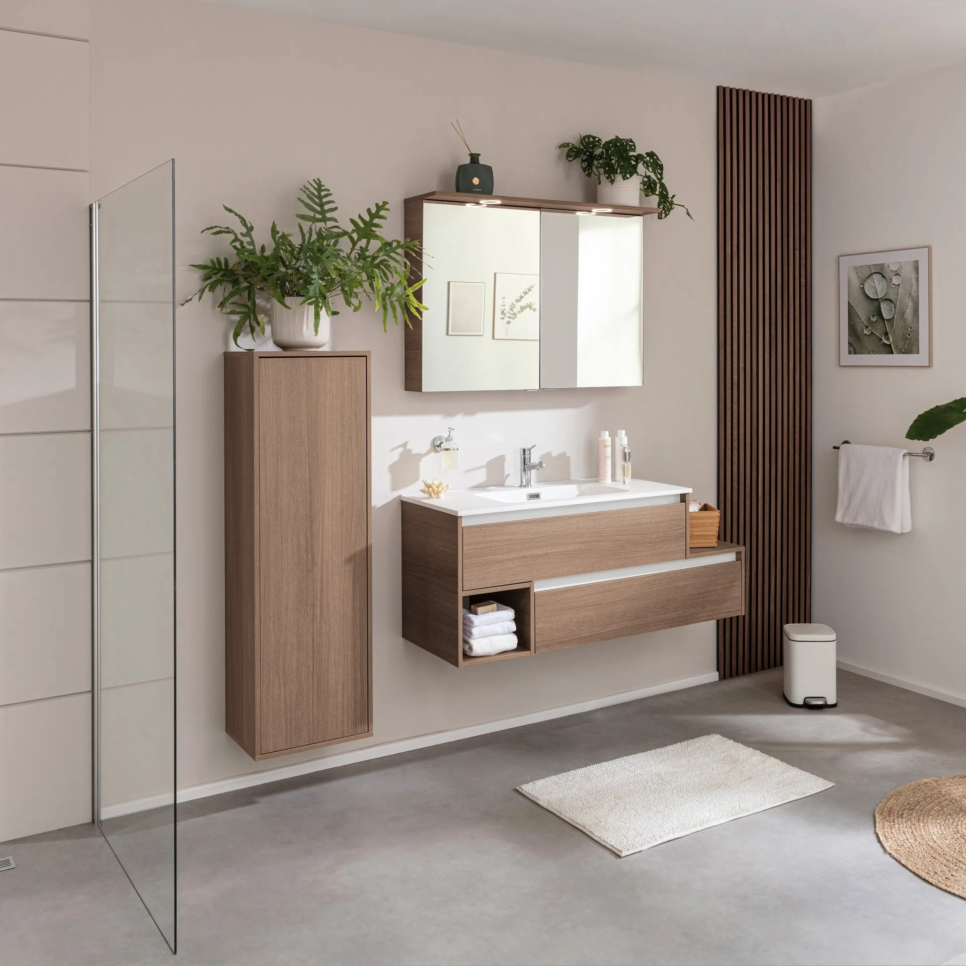 FACKELMANN VITA Waschbecken mit Unterschrank 129 cm breit, Braun hell, Waschbecken Gussmarmor Weiß matt, Ablage rechts, asymmetrisch