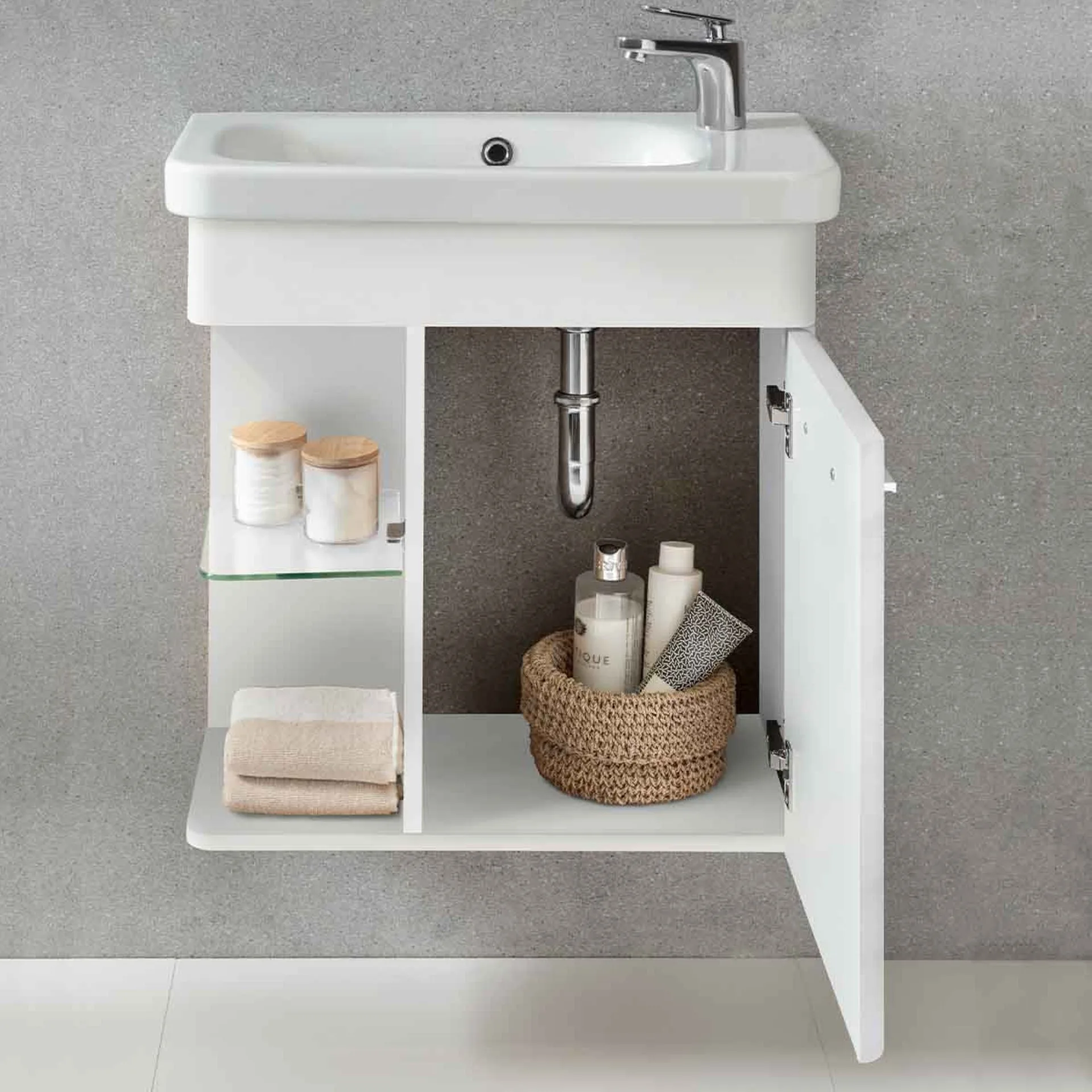 LANZET K8 Gäste WC Waschtisch Set 60 cm breit, Weiß, Waschbecken Keramik Weiß, Türanschlag rechts