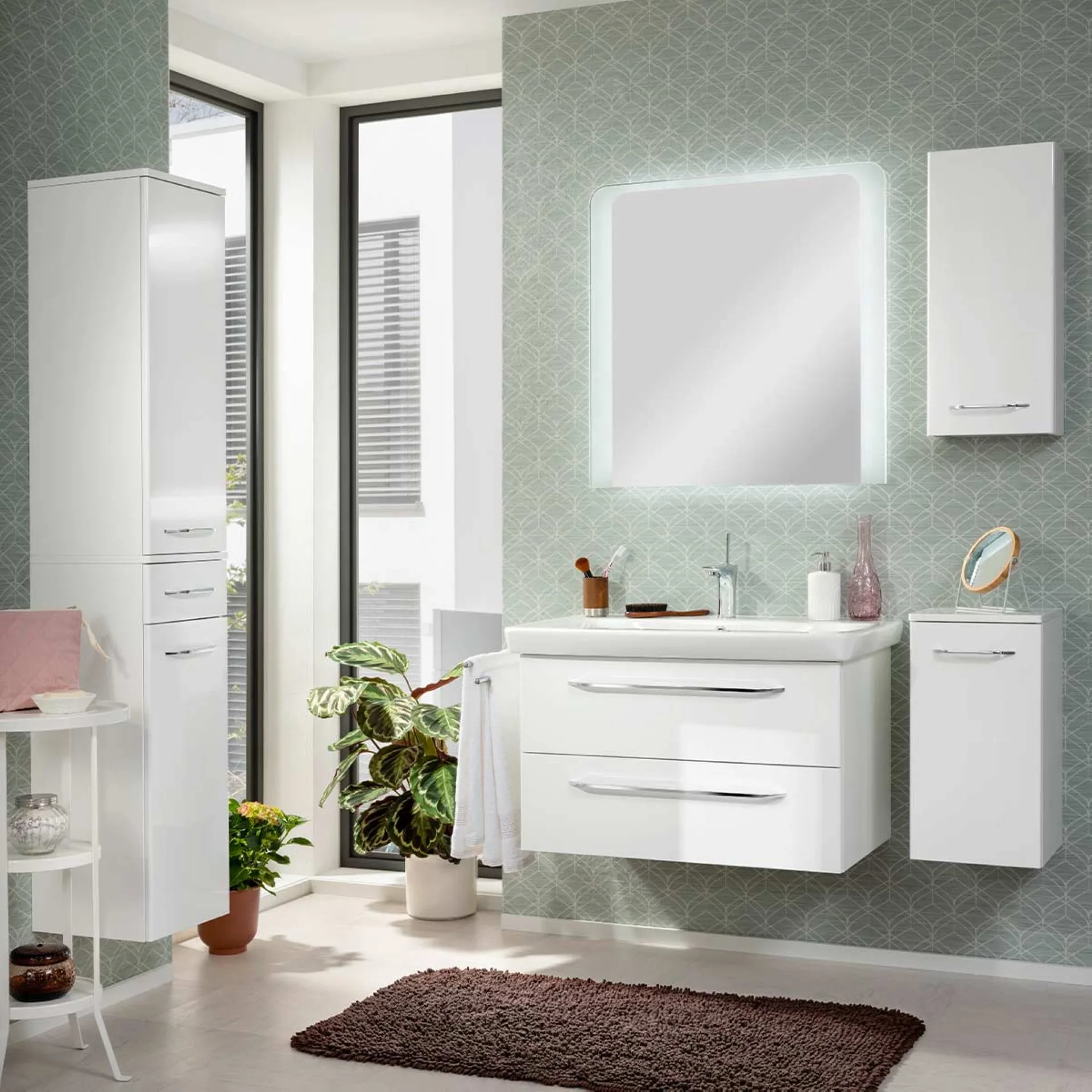 FACKELMANN MILANO Badmöbel Set 6-teilig 88 cm breit, Weiß, Waschbecken Keramik Weiß + LED Spiegel + Unterschrank + Hängeschrank + Hochschrank