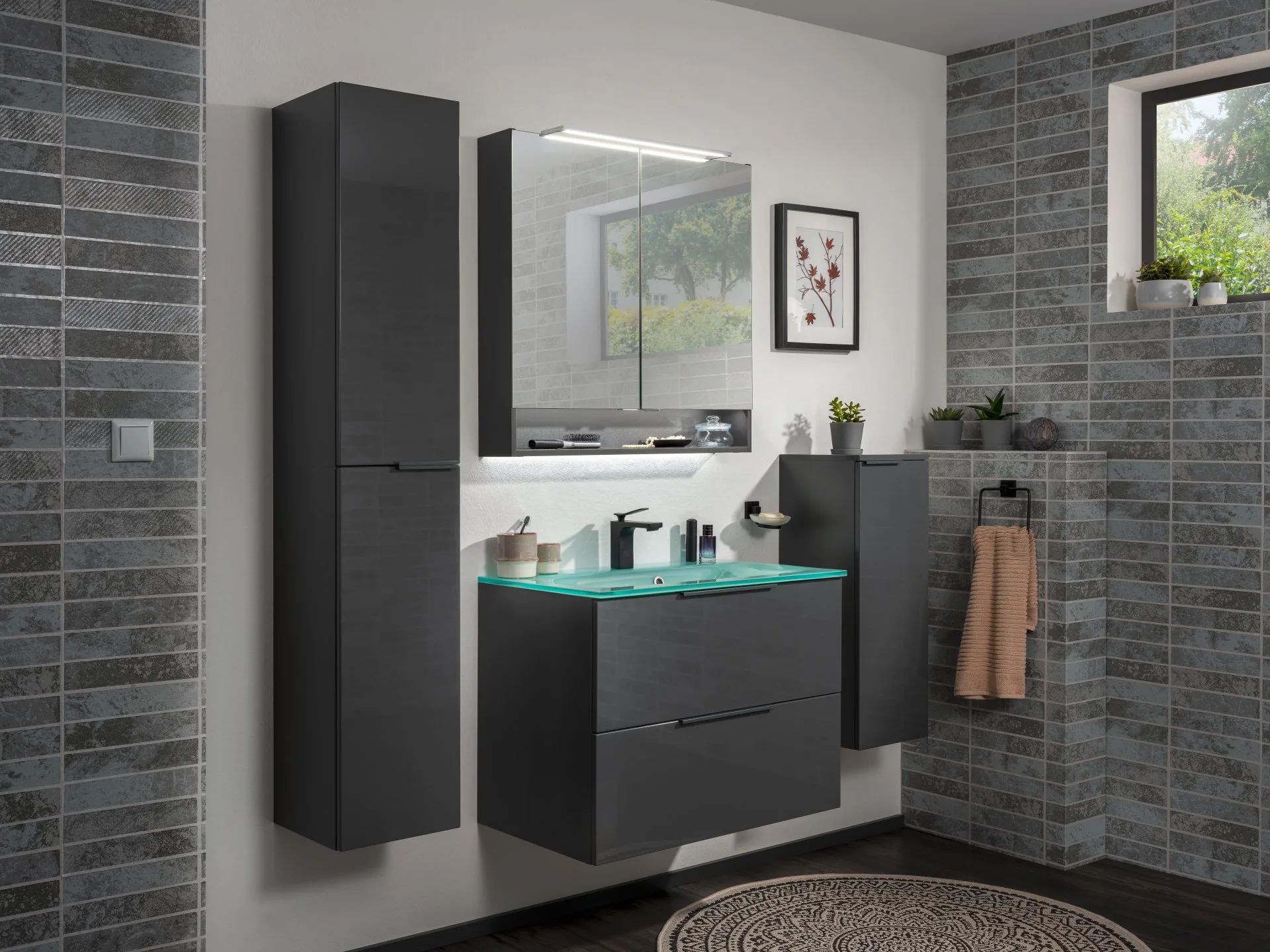 FACKELMANN LUNA LED Spiegelschrank 80 cm breit, Anthrazit + Ambientebeleuchtung