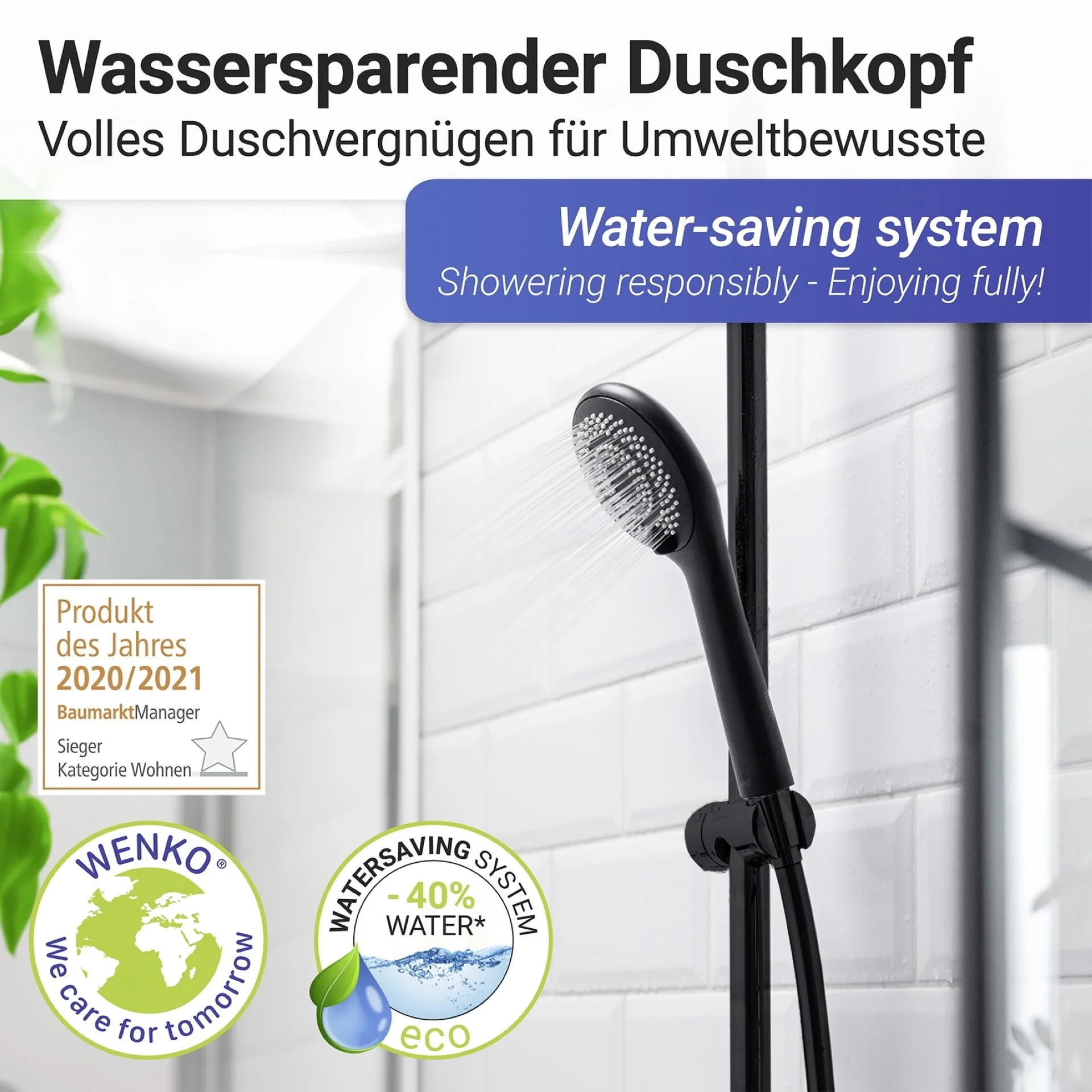 WENKO Duschkopf Ø 11 cm, Schwarz, mit Wassersparsystem, 3 verschiedene Wasserstrahlarten