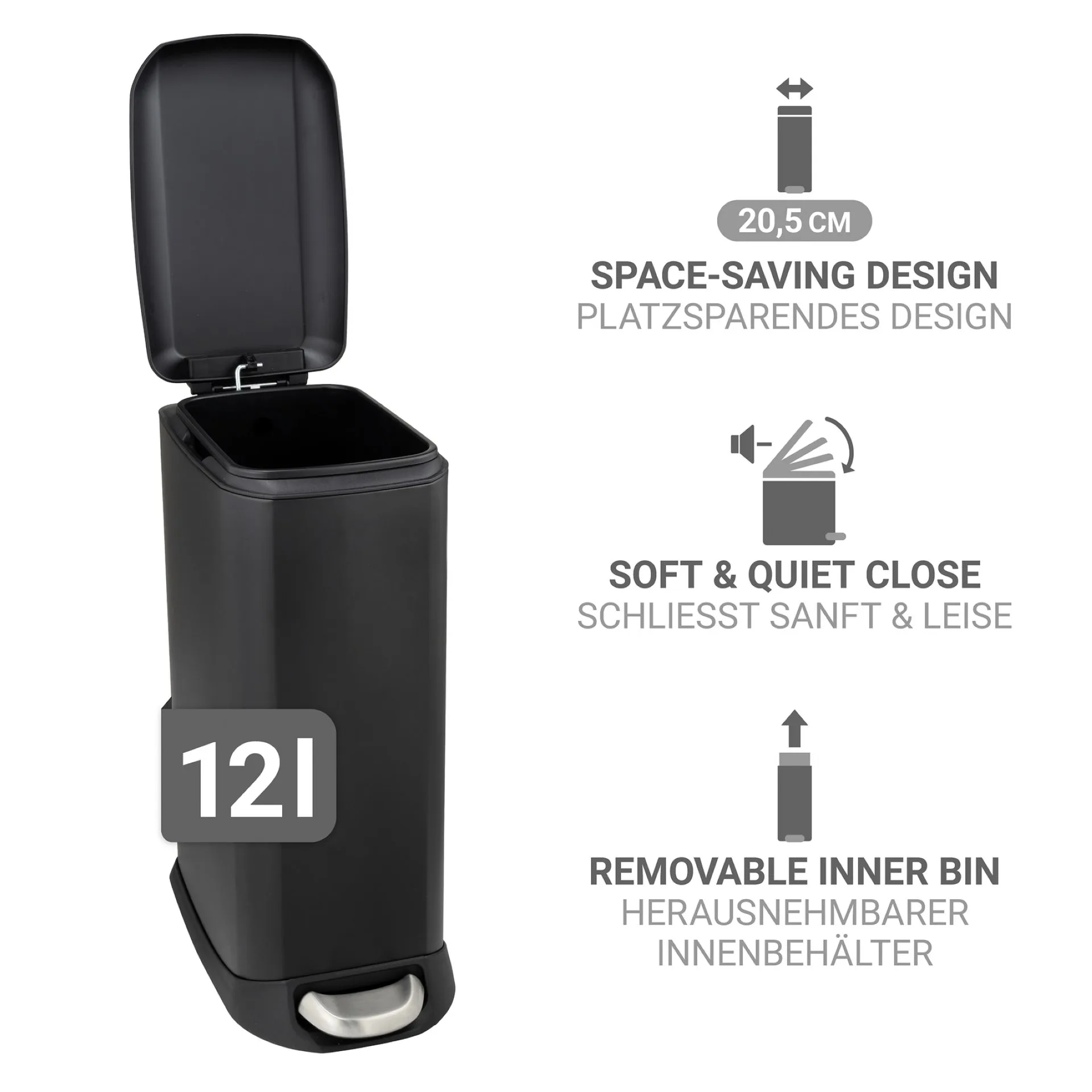 WENKO DESIGN Mülleimer 12 Liter, Schwarz, mit Absenkautomatik