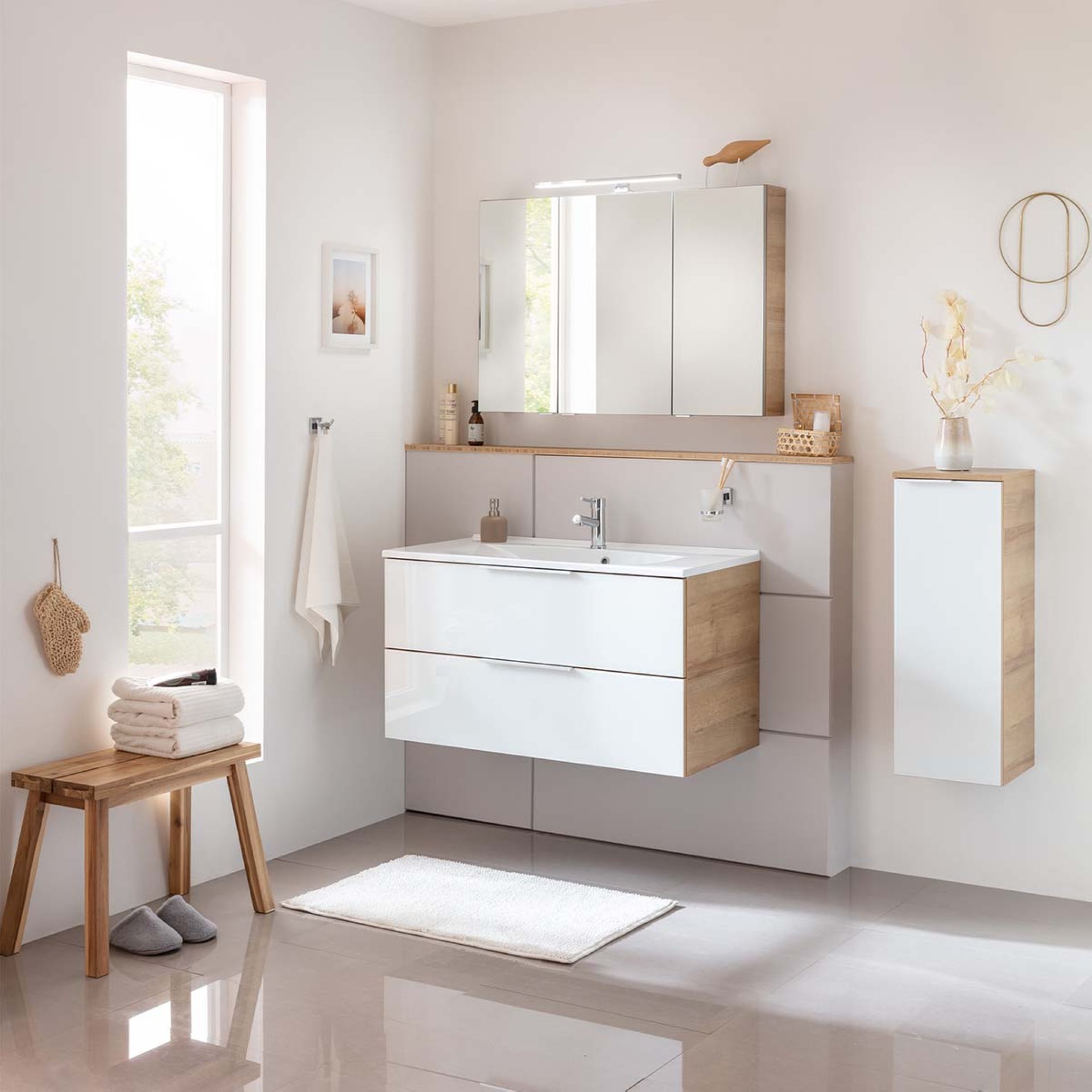 Fackelmann B. BRILLANT Badmöbel Set 3-teilig 100 cm, Weiß Glas/Braun hell, LED-Spiegelschrank