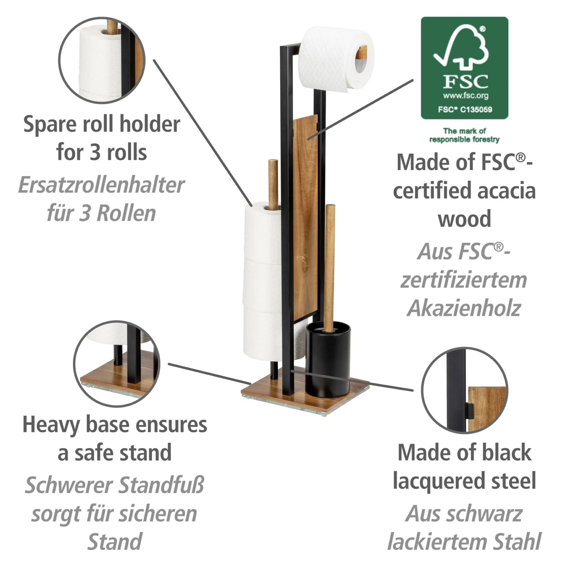WENKO RIVALTA ACACIA WC-Garnitur, Braun/Schwarz, mit Toilettenpapierhalter und Bevorrater, stehend