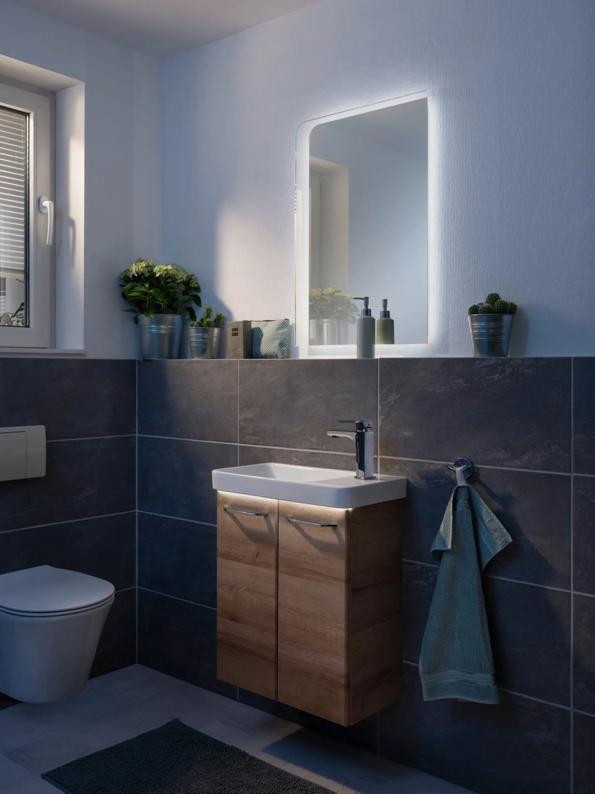 FACKELMANN MILANO Gäste WC Waschtisch Set 55 cm breit, Braun hell, Waschbecken Keramik Weiß + Waschbeckenbeleuchtungun hell, Keramik