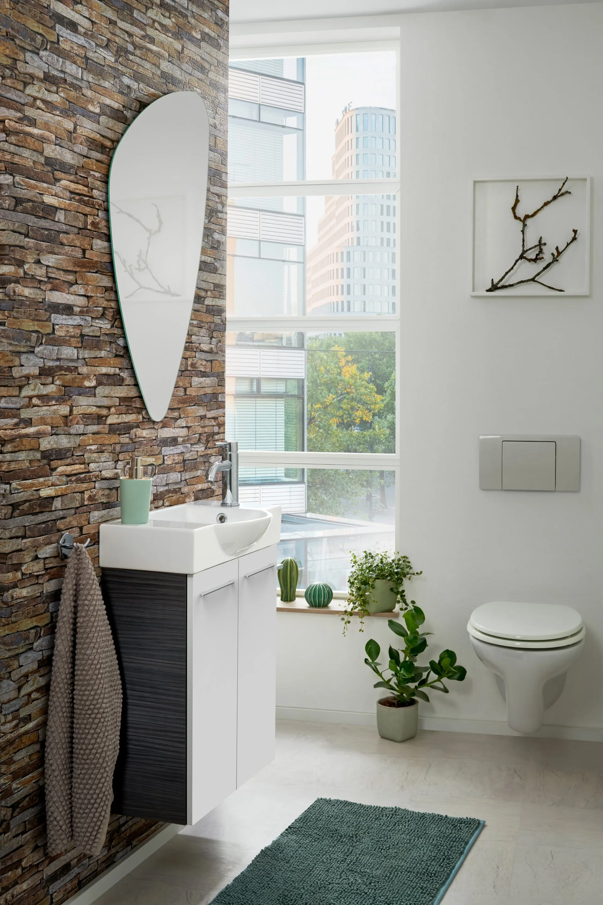 FACKELMANN SBC B.PERFEKT Gäste WC Waschtisch Set 55 cm breit, Weiß/Anthrazit Holzoptik, Waschbecken Keramik Weiß, Hahnloch rechts
