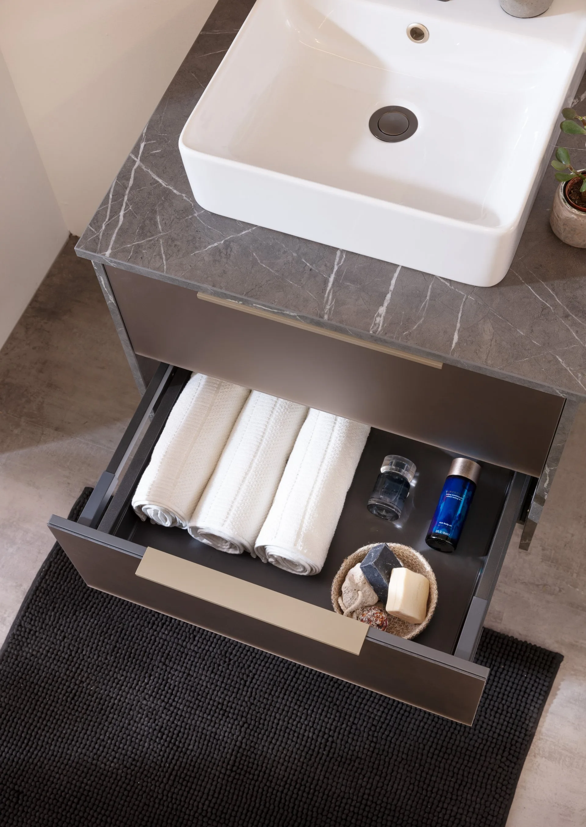 LANZET VIDRO Waschbecken mit Unterschrank 60 cm breit, Braun/Marmor Grau, Waschbecken Keramik Weiß