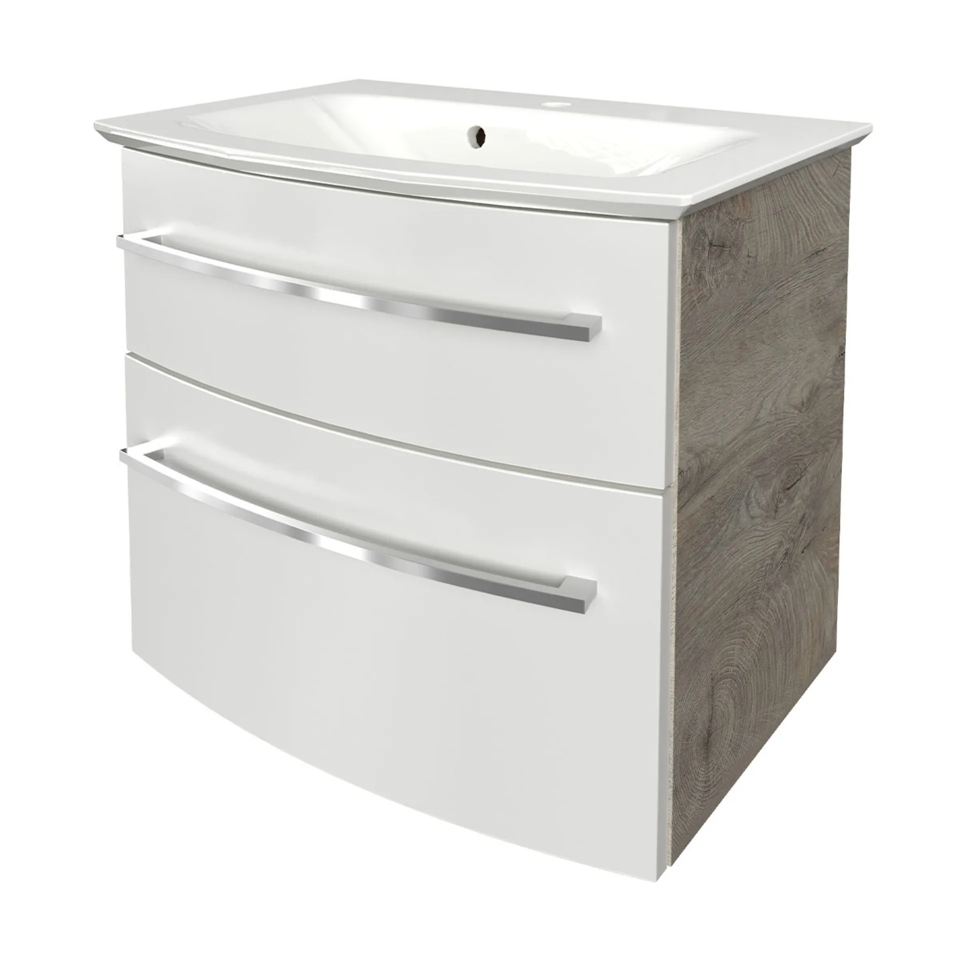 FACKELMANN B.STYLE Waschbecken mit Unterschrank 63 cm breit, Weiß/Braun hell, Waschbecken Gussmarmor Weiß