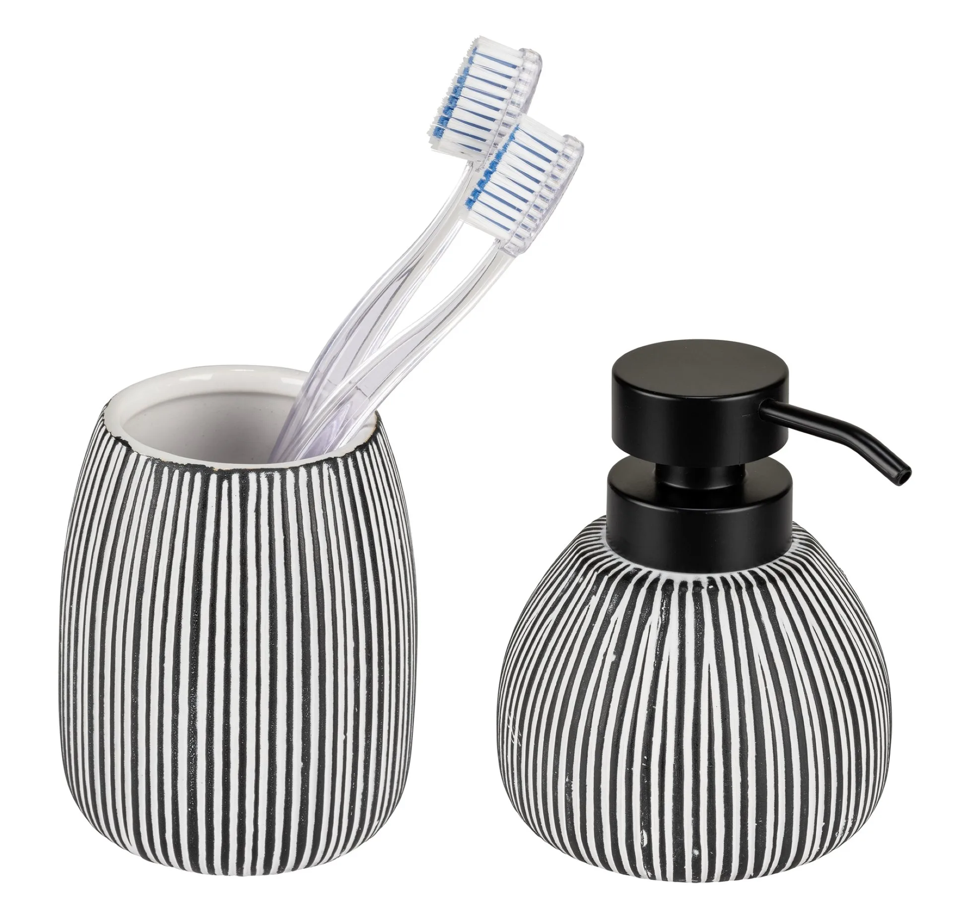 WENKO PASCOLI Accessoire Set, Weiß/Schwarz, Zahnputzbecher, Seifenspender, Keramik