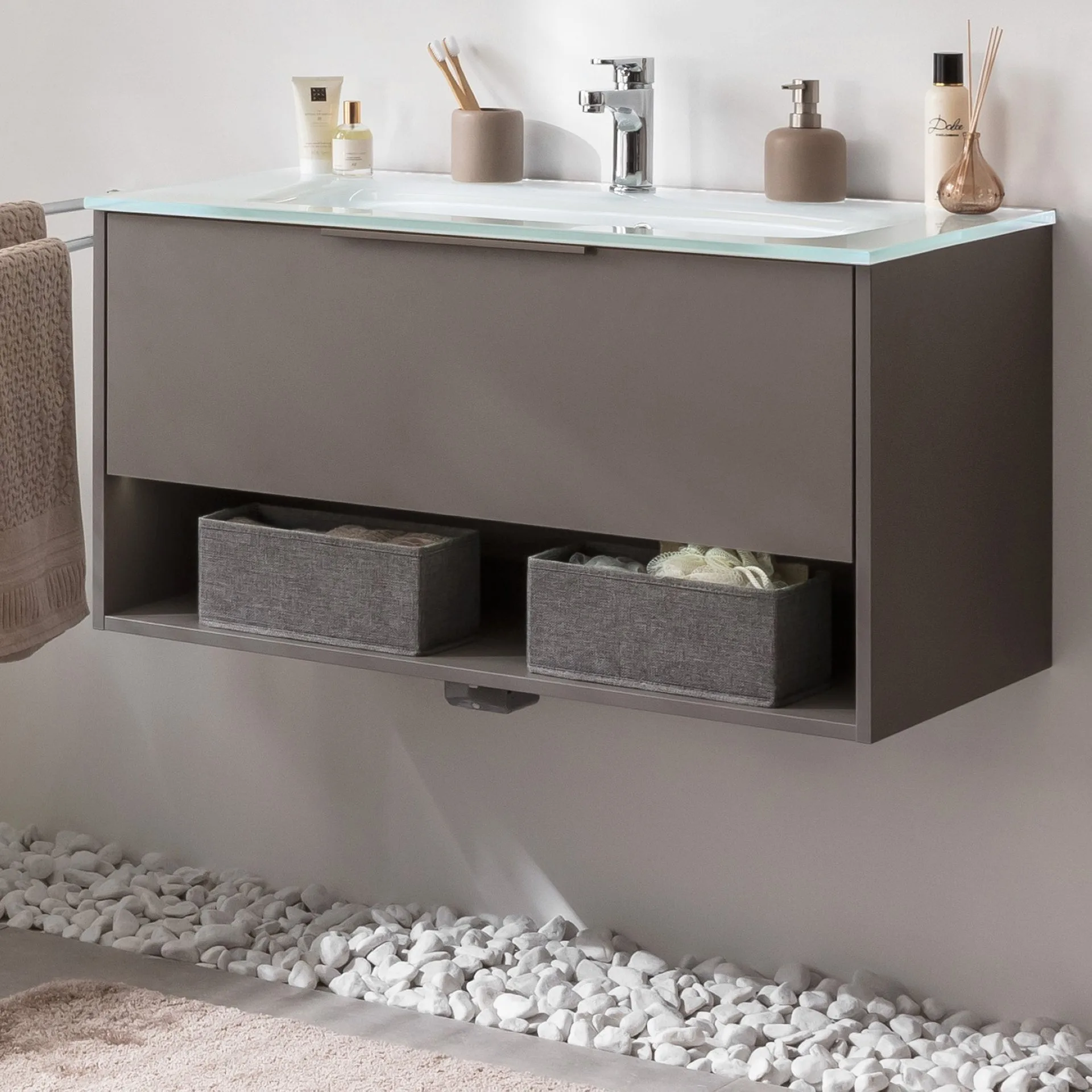 FACKELMANN B.PARIS Waschbecken mit Unterschrank 90 cm breit, Grau, Waschbecken Glas Weiß