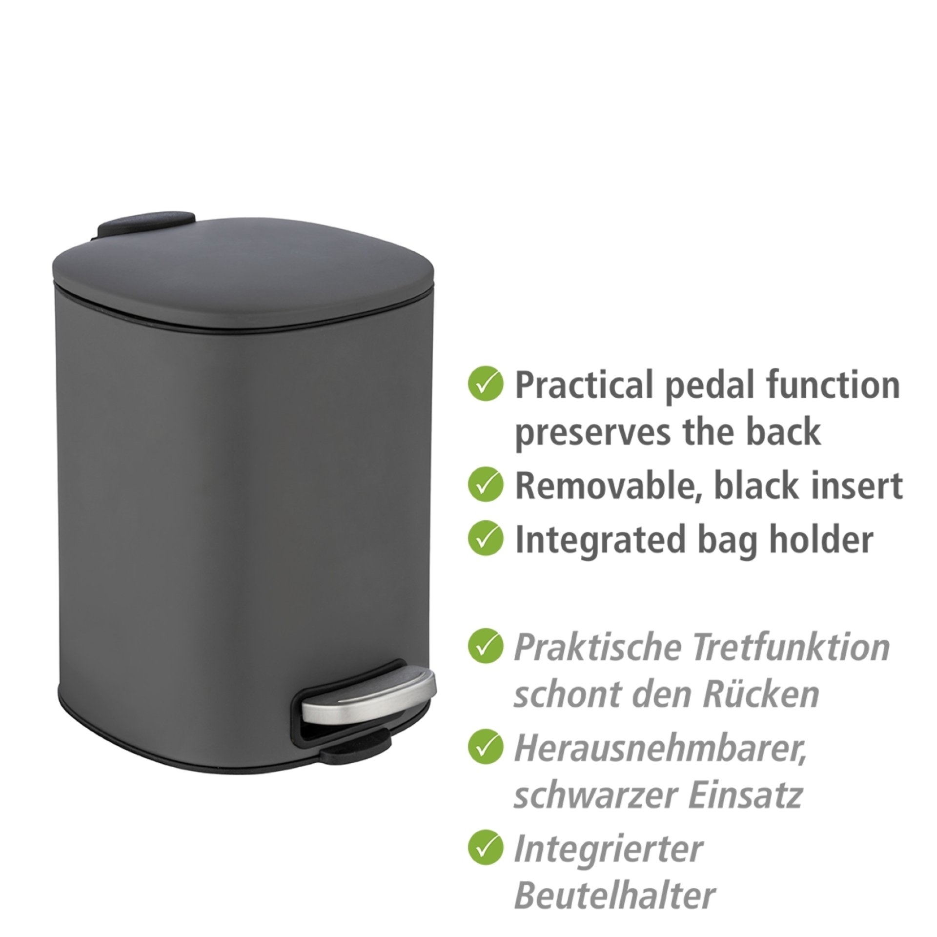 WENKO ALASSIO Kosmetikeimer 5 Liter, Grau, Edelstahl, mit Absenkautomatik