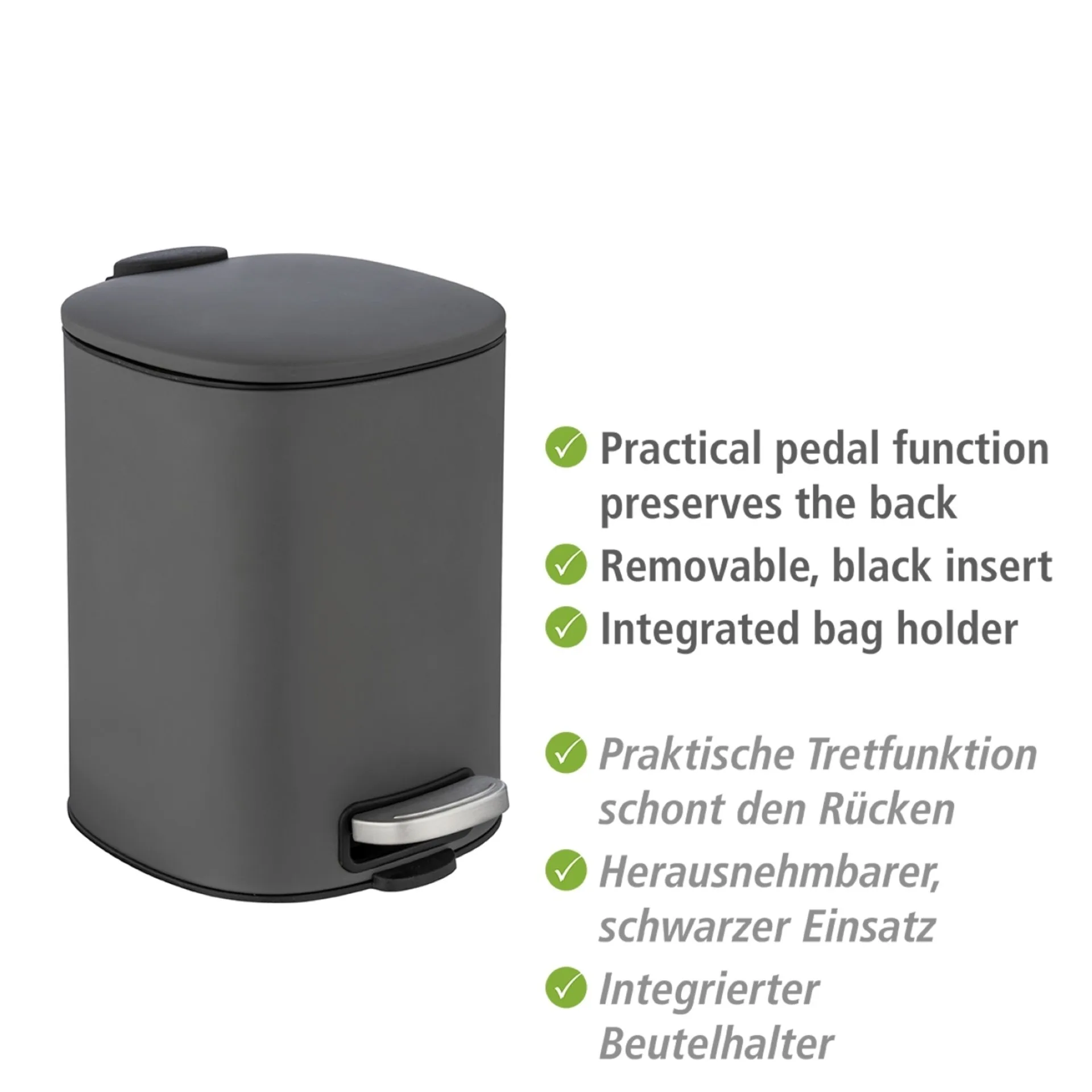 WENKO ALASSIO Kosmetikeimer 5 Liter, Grau, Edelstahl, mit Absenkautomatik