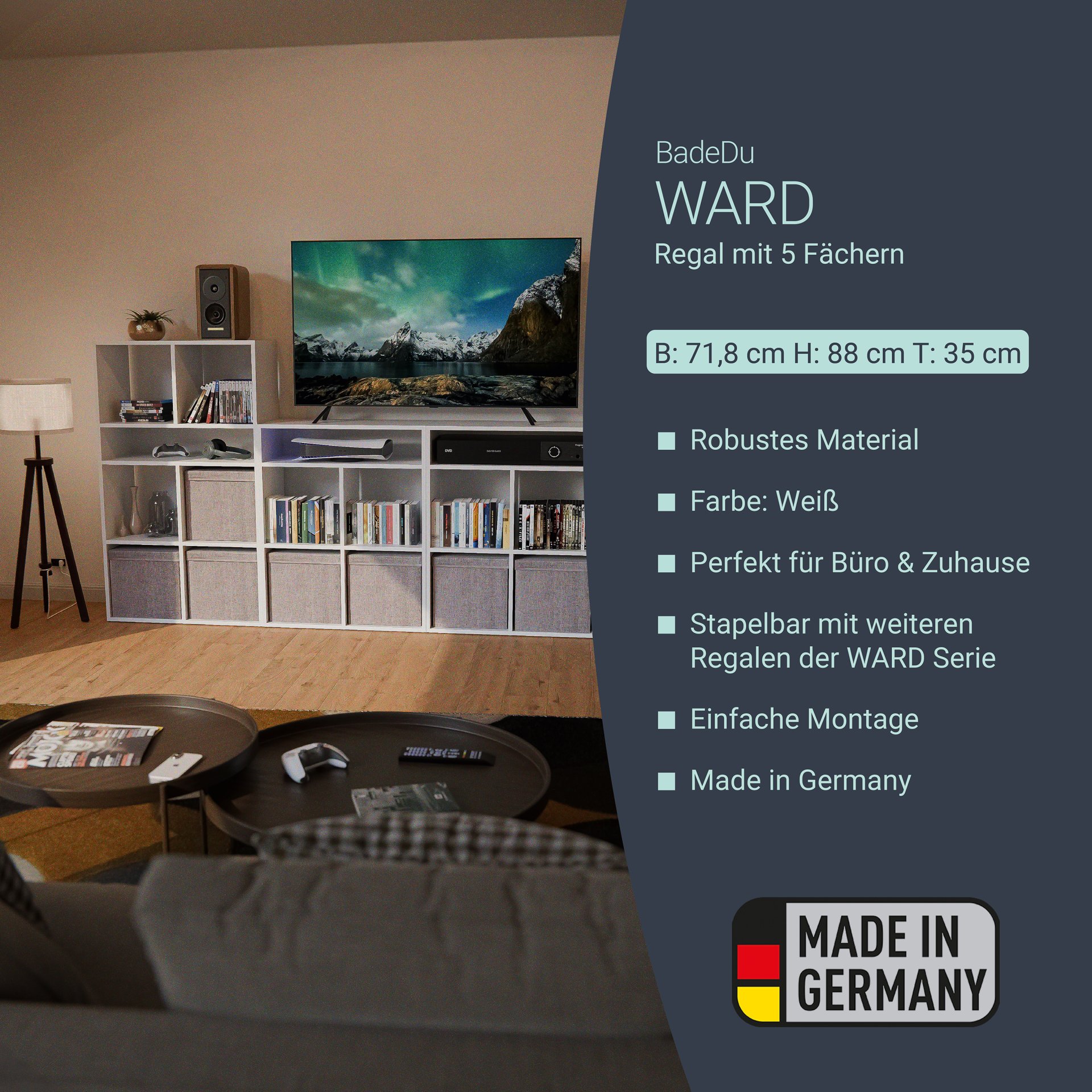 BADEDU WARD Regal 72 cm breit, Weiß, 5 Fächer