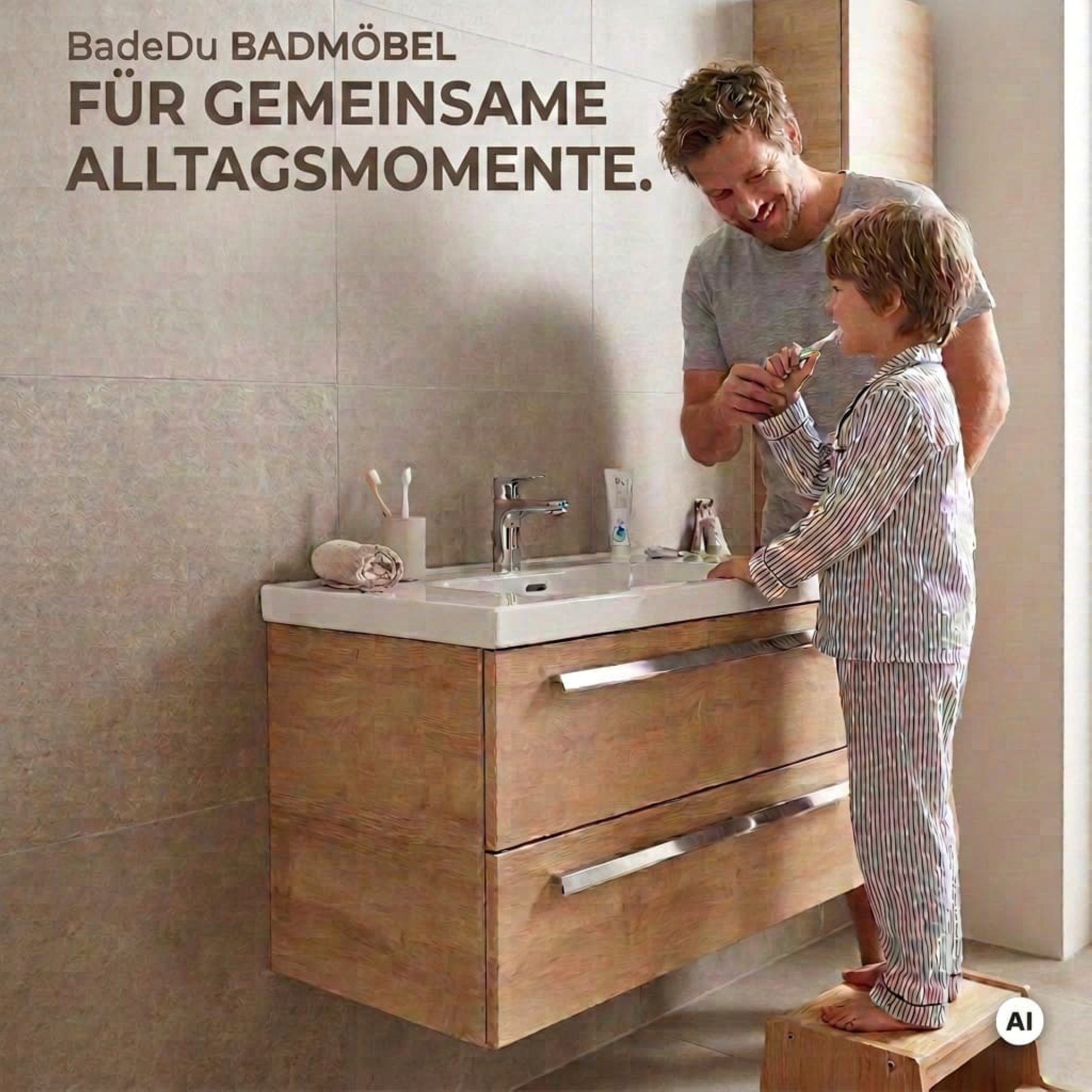 BADEDU TESSANO Waschbecken mit Unterschrank 90 cm breit, Braun hell, Waschbecken Keramik Weiß