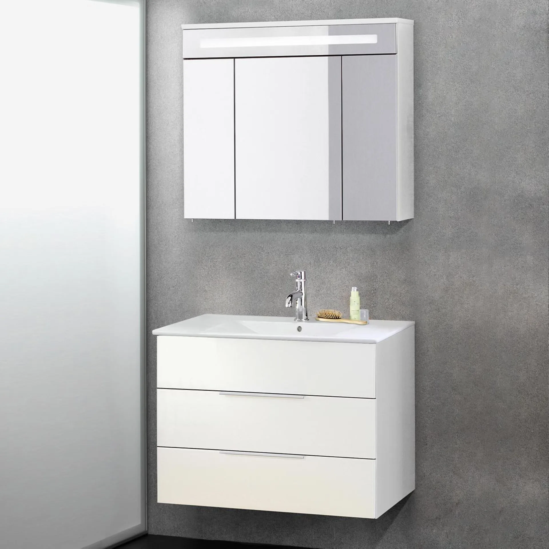 FACKELMANN KARA Waschtisch Set mit Spiegelschrank 80 cm breit, Weiß, Waschbecken Keramik Weiß, 2 Schubladen