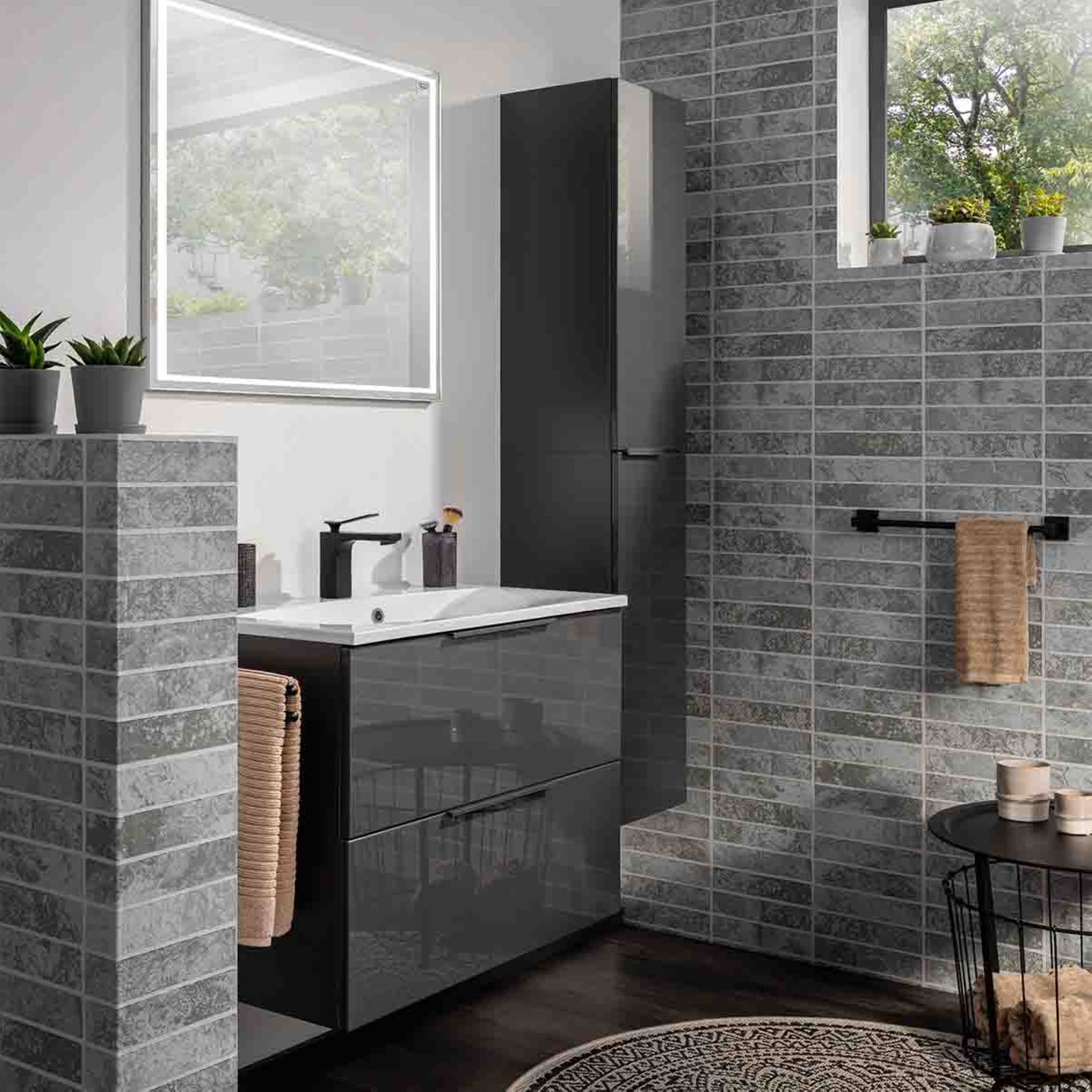 Fackelmann LUNA Badmöbel Set 3-teilig, 80 cm breit, Anthrazit, Gussmarmor, LED Spiegel
