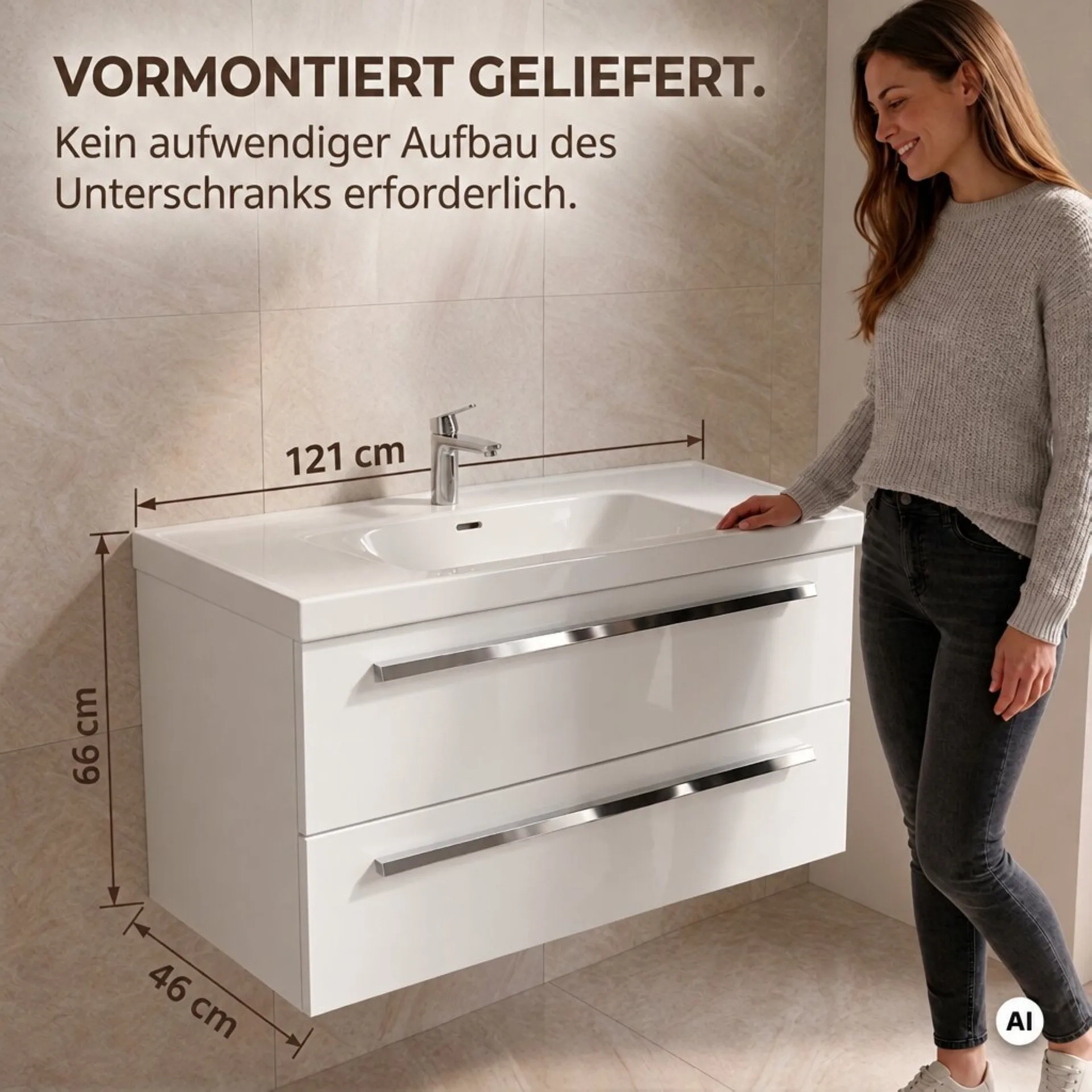 BADEDU TESSANO Waschbecken mit Unterschrank 120 cm breit, Weiß, Waschbecken Keramik Weiß