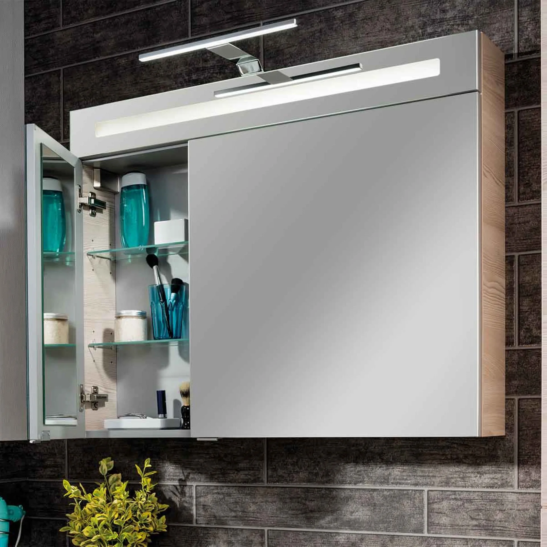 FACKELMANN B.CLEVER Waschtisch Set mit Spiegelschrank 90 cm breit, Braun hell, Waschbecken Gussmarmor Weiß