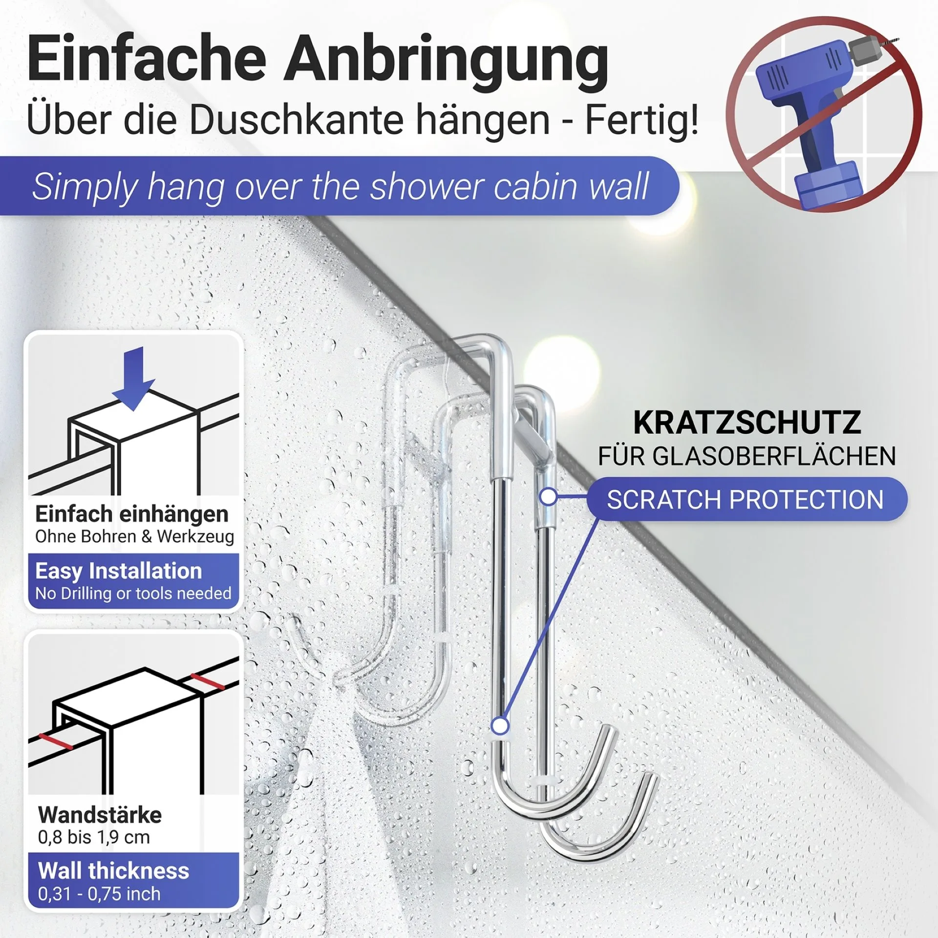 WENKO CAVE Duschabzieher, Grau/Chrom, mit Wandhalterung, Edelstahl rostfrei
